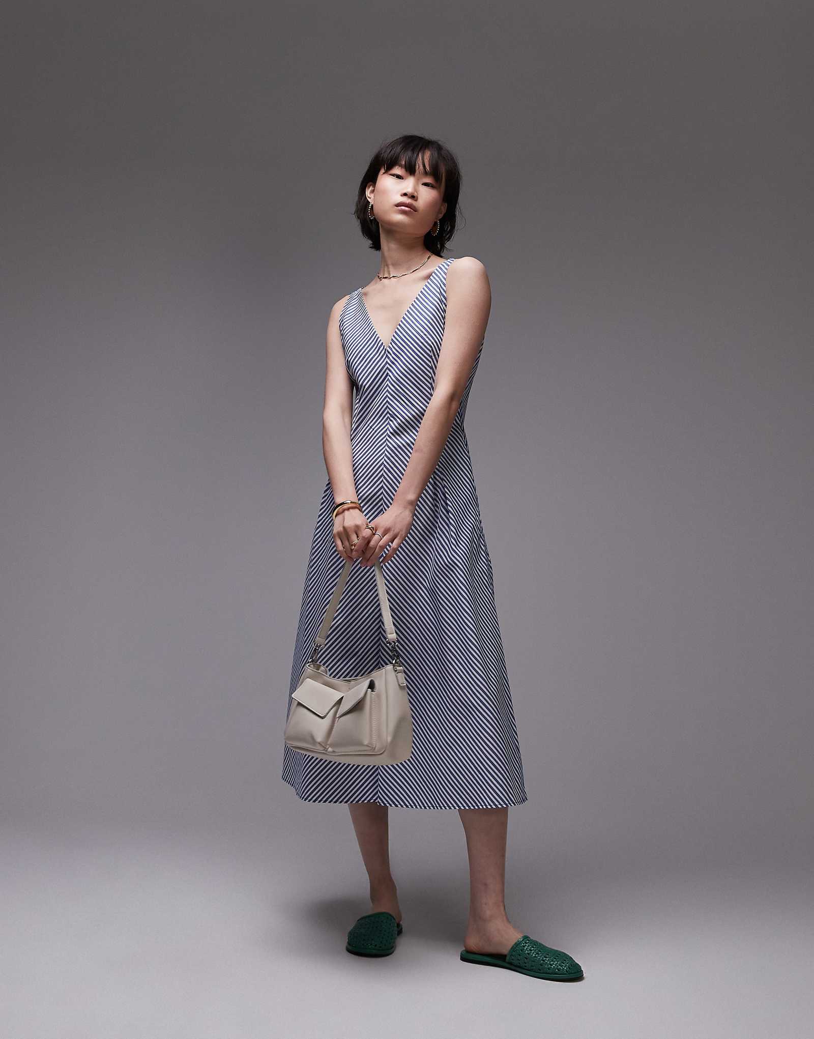 Mango v neck cotton midi dress in blue stripe 18490₽