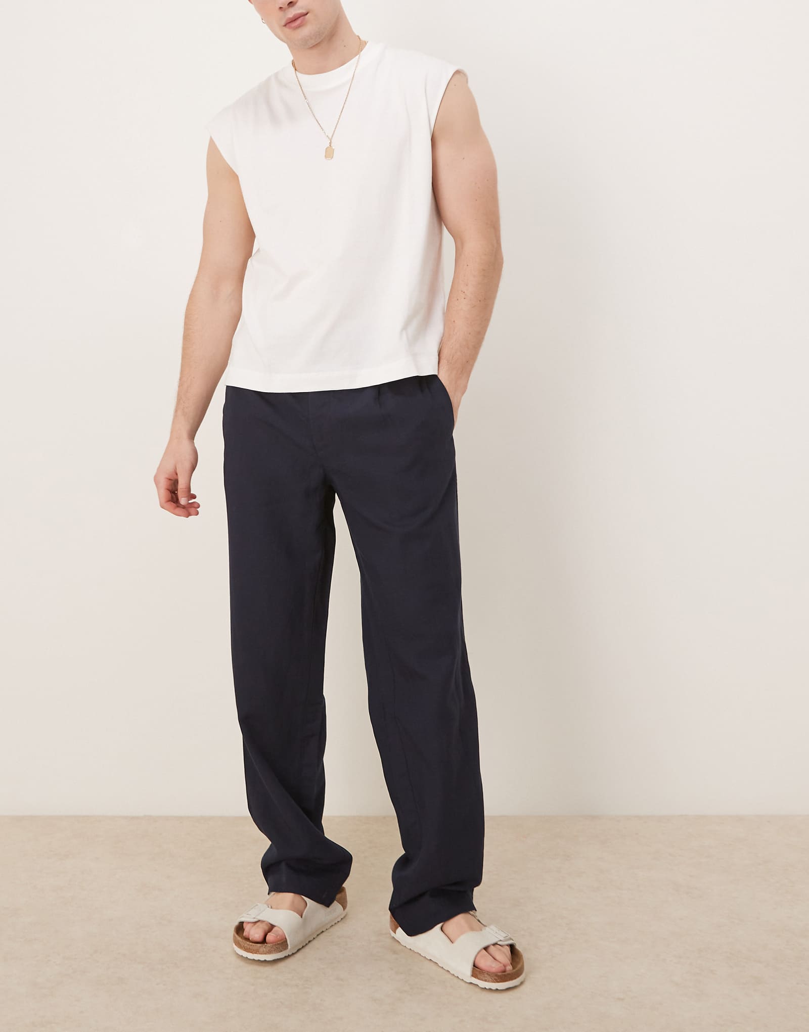 Mango straight leg linen mix pants in navy 11390₽