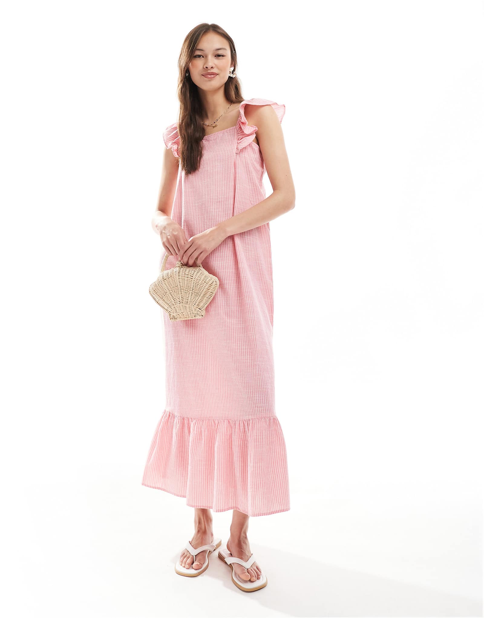 Pieces flutter strap tiered cami maxi dress in pink stripe 7690₽