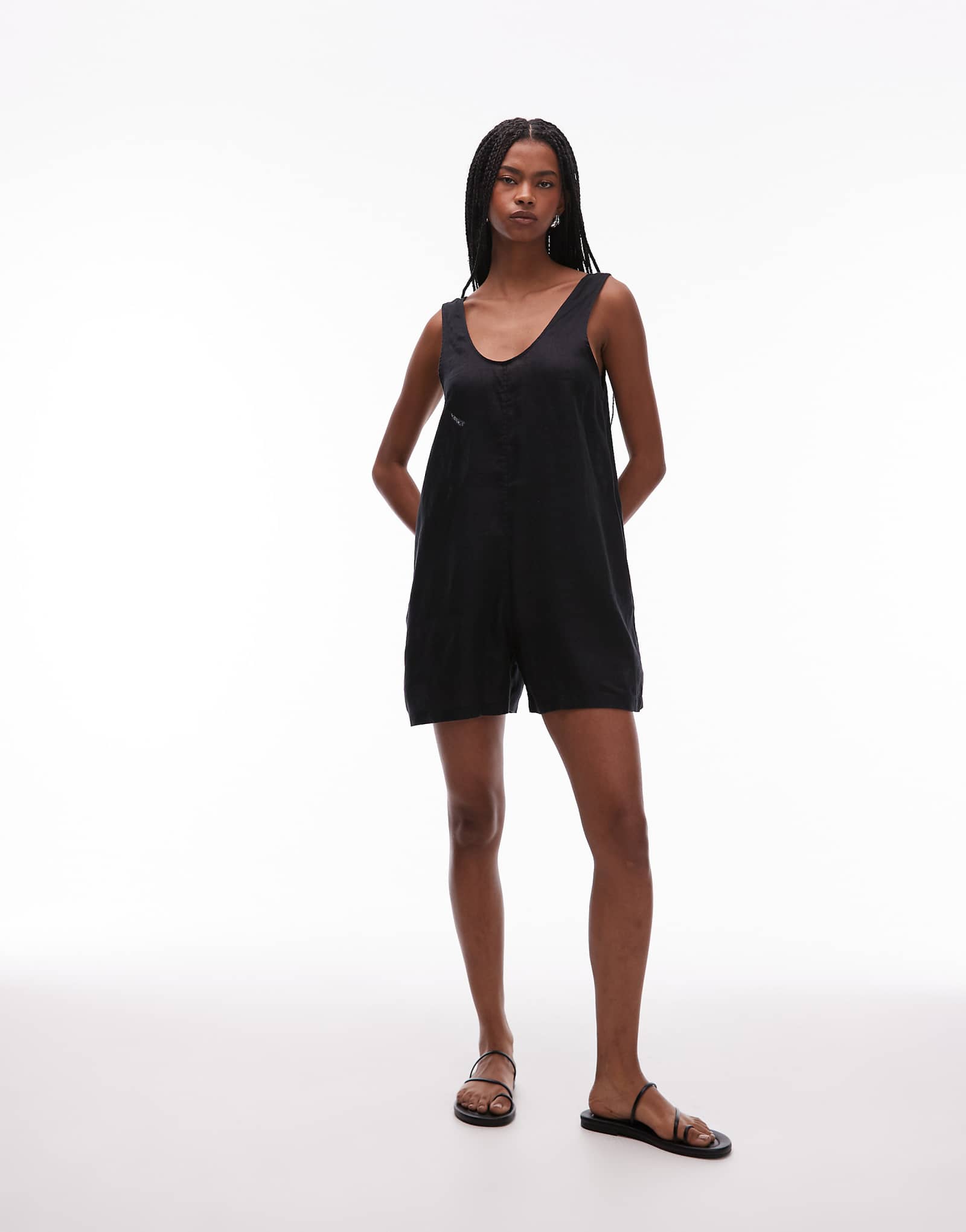 ARKET pure linen beach romper with deep v-neck and pocket detail in black 16890₽
