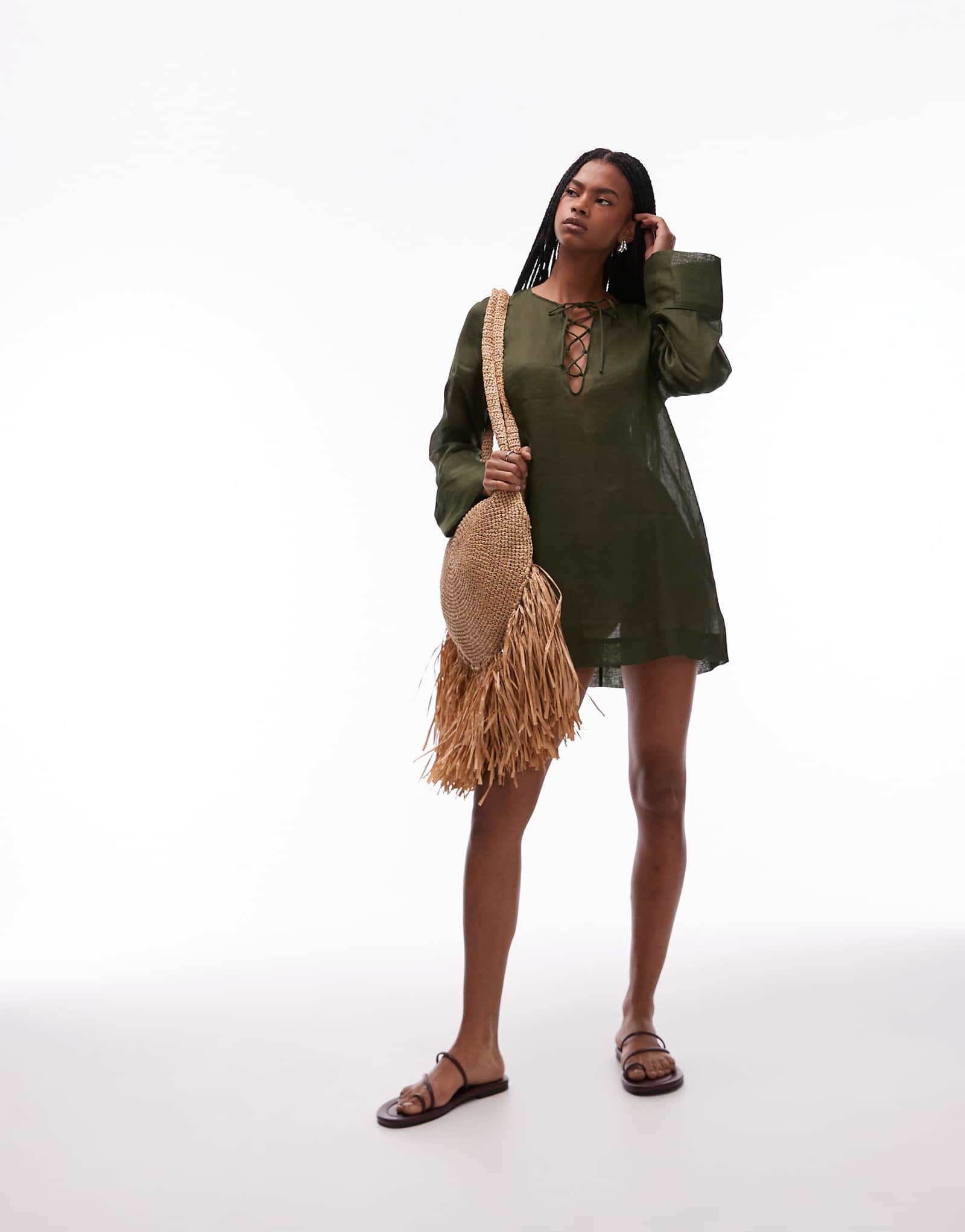 ARKET pure ramie sheer mini beach cover-up in khaki green