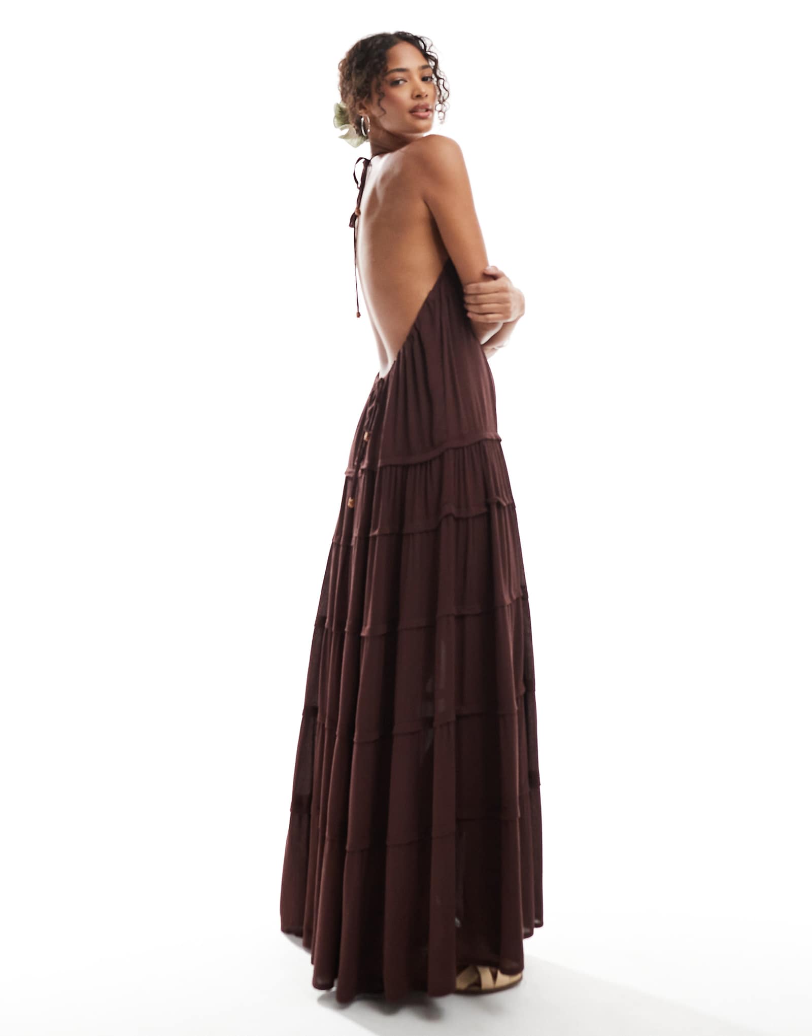 Pull-Bear low back tiered maxi dress in brown 8190₽