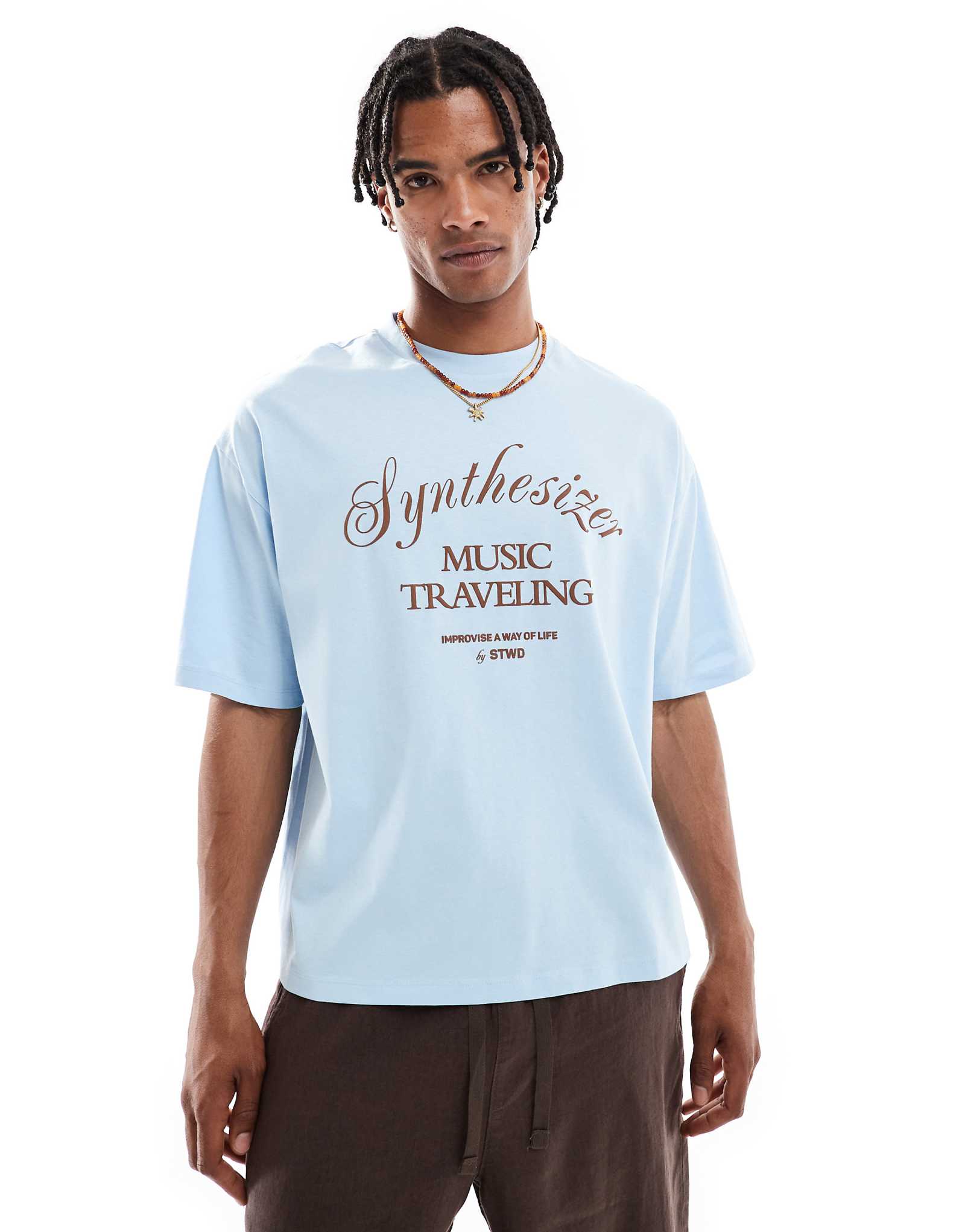 Pull-Bear 'Synthesizer' back graphic t-shirt in light blue