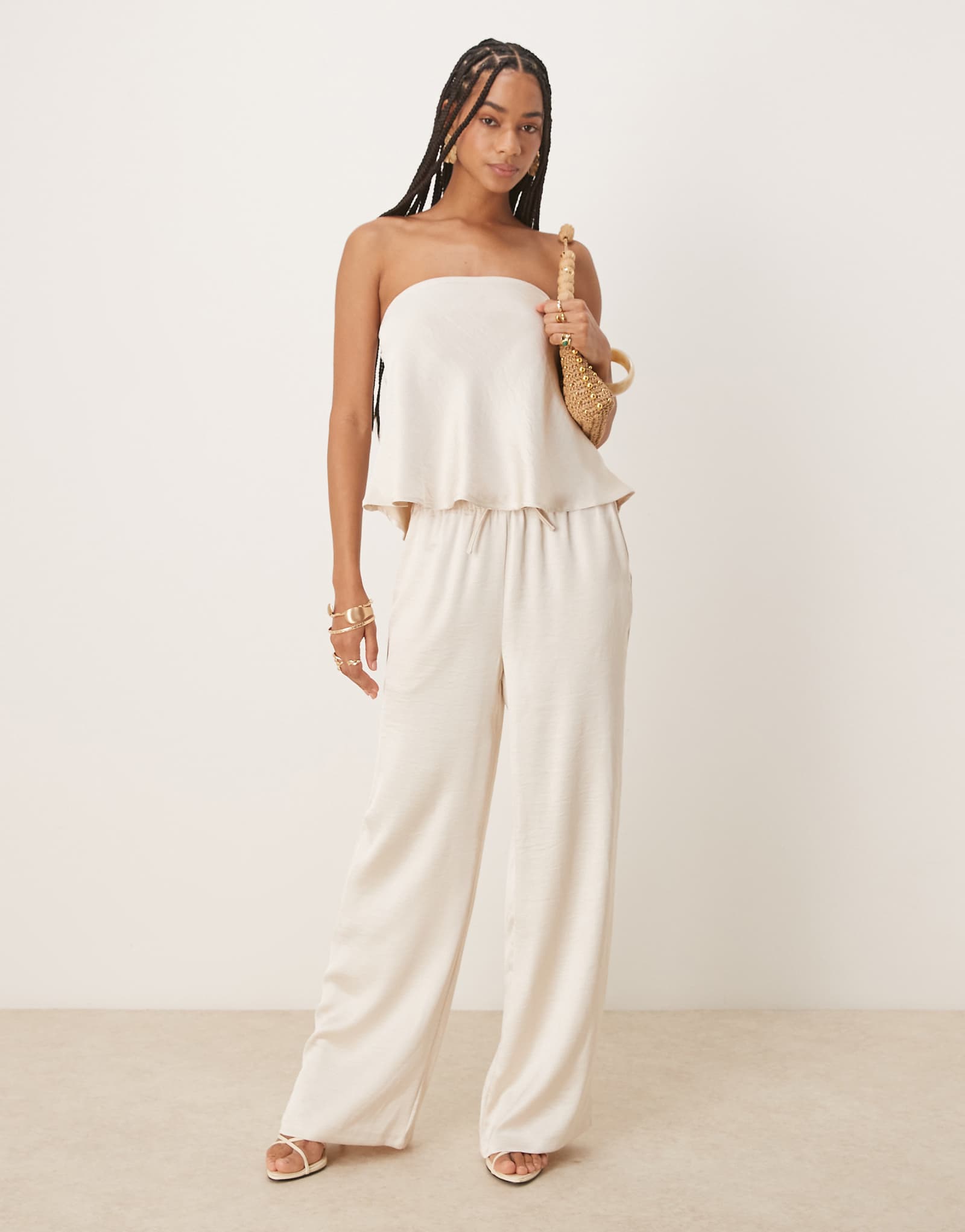 Six Stories tie waist wide leg satin pants in oyster - part of a set 17190₽