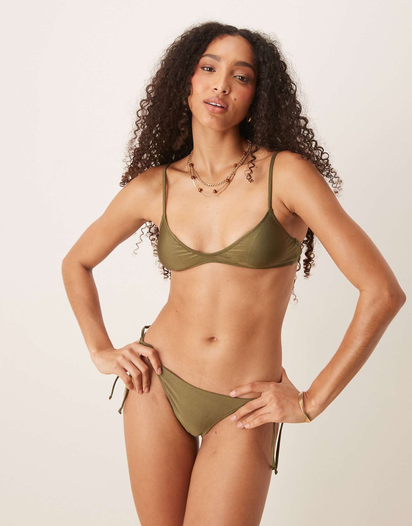 Mango tie side bikini bottoms in olive green 7290₽