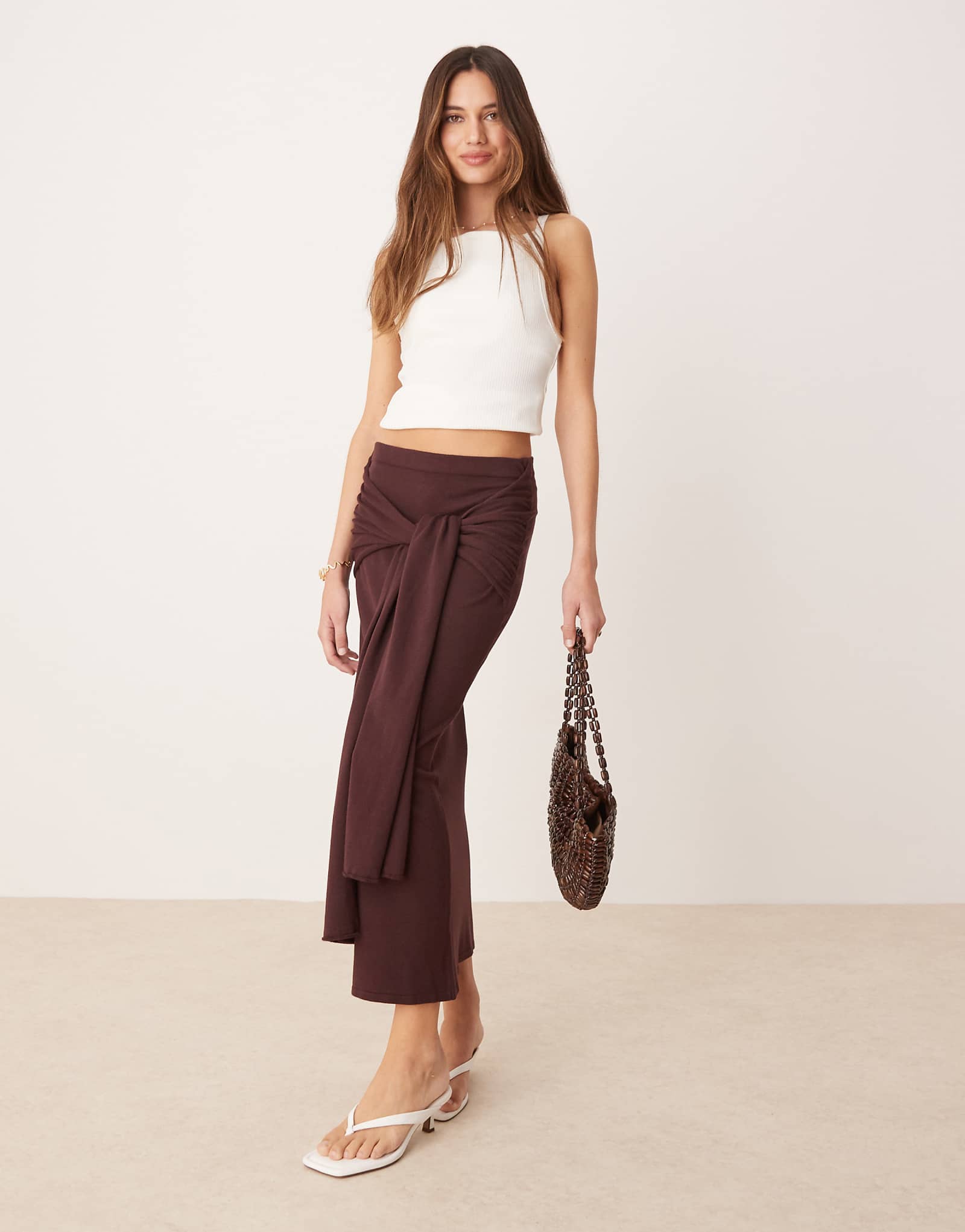 Mango gathered tie waist detail skirt in dark brown
