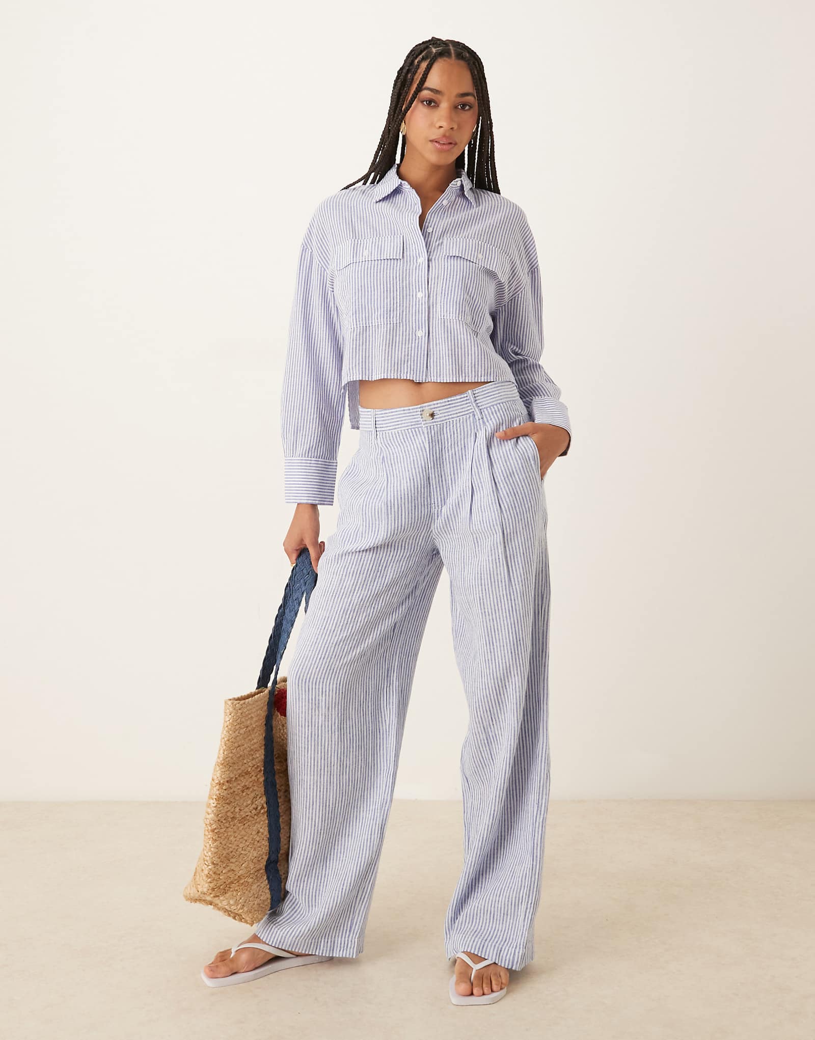 Mango linen mix striped elastic waist pants in light blue - part of a set 12890₽