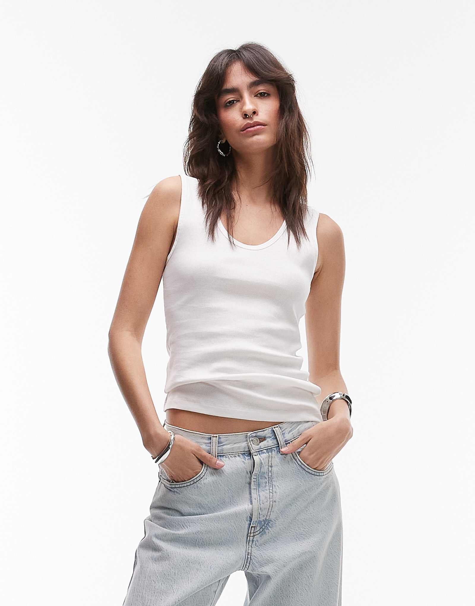 ARKET stretch ribbed jersey fitted tank top with scoop neck in white 5090₽