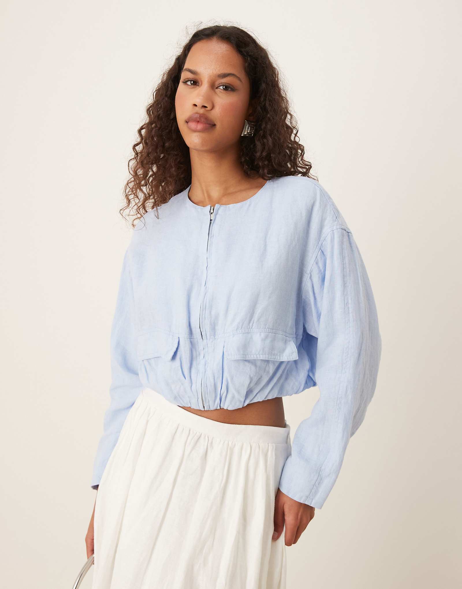 Mango linen cropped utility jacket in sky blue 28590₽