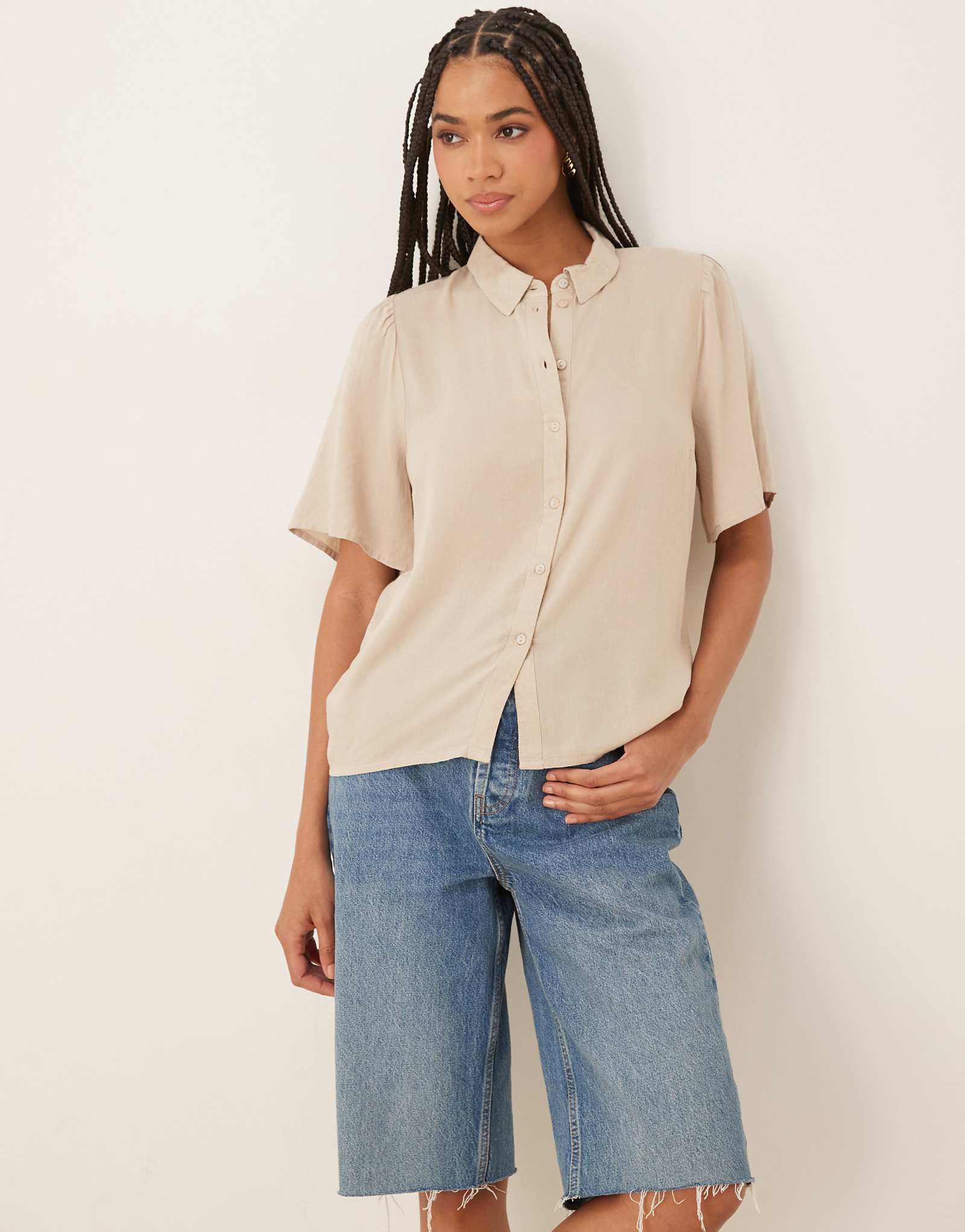 Vila linen touch flutter sleeves shirt in stone