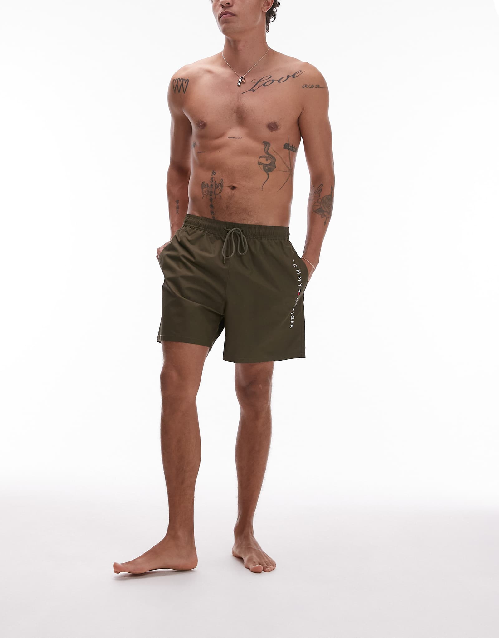 Tommy Hilfiger side logo drawstring swim shorts in khaki green 11590₽