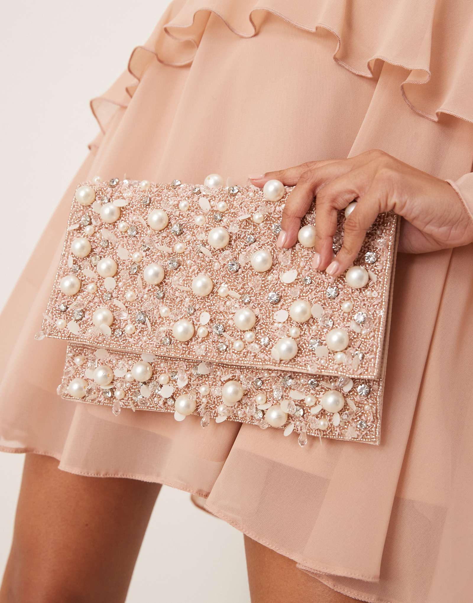 True Decadence all over pearl and sequin embellished envelope clutch bag in white