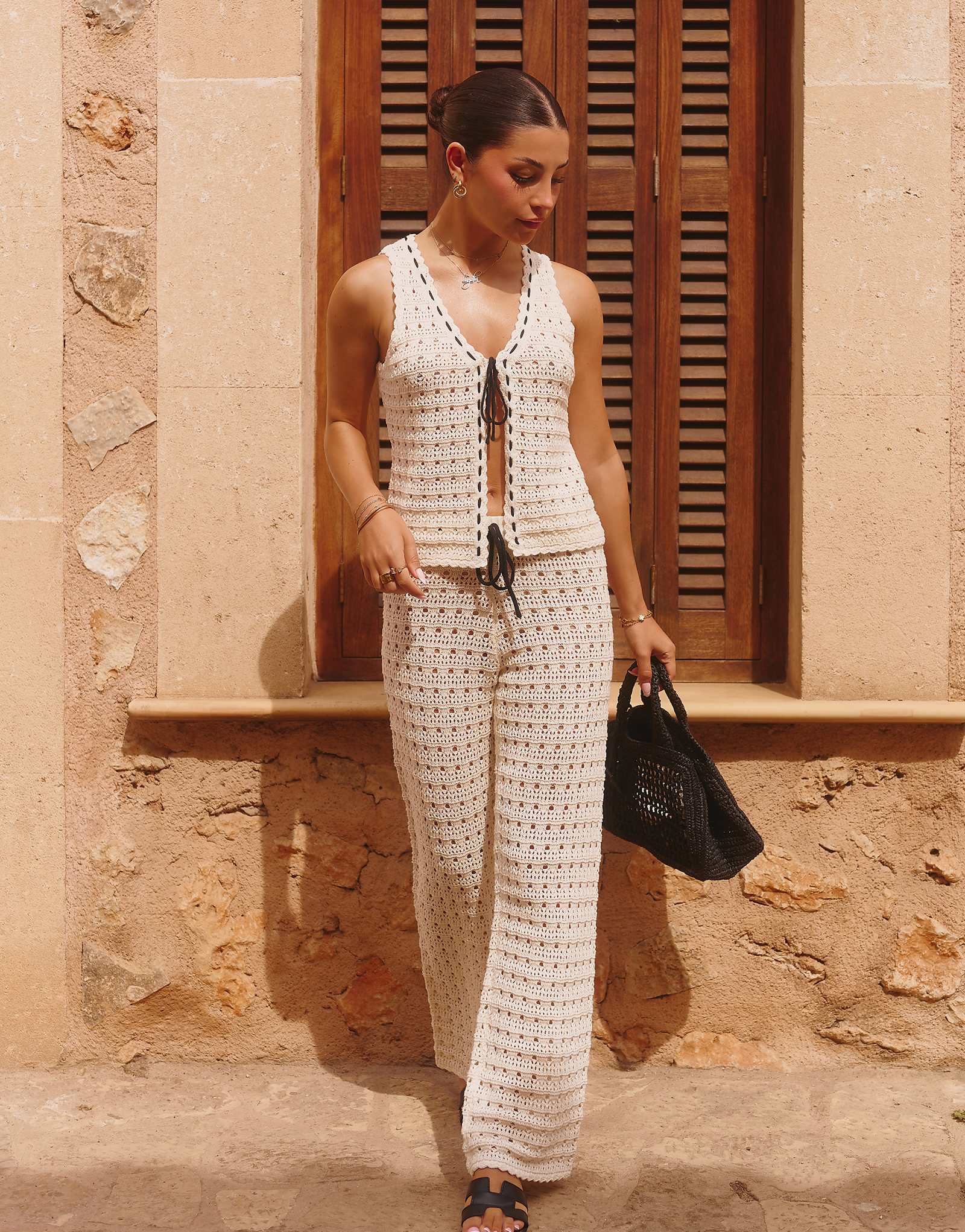 The Frolic x Lydia Kara exclusive crochet contrast thread trim wide leg beach pants in cream - part of a set 8890₽
