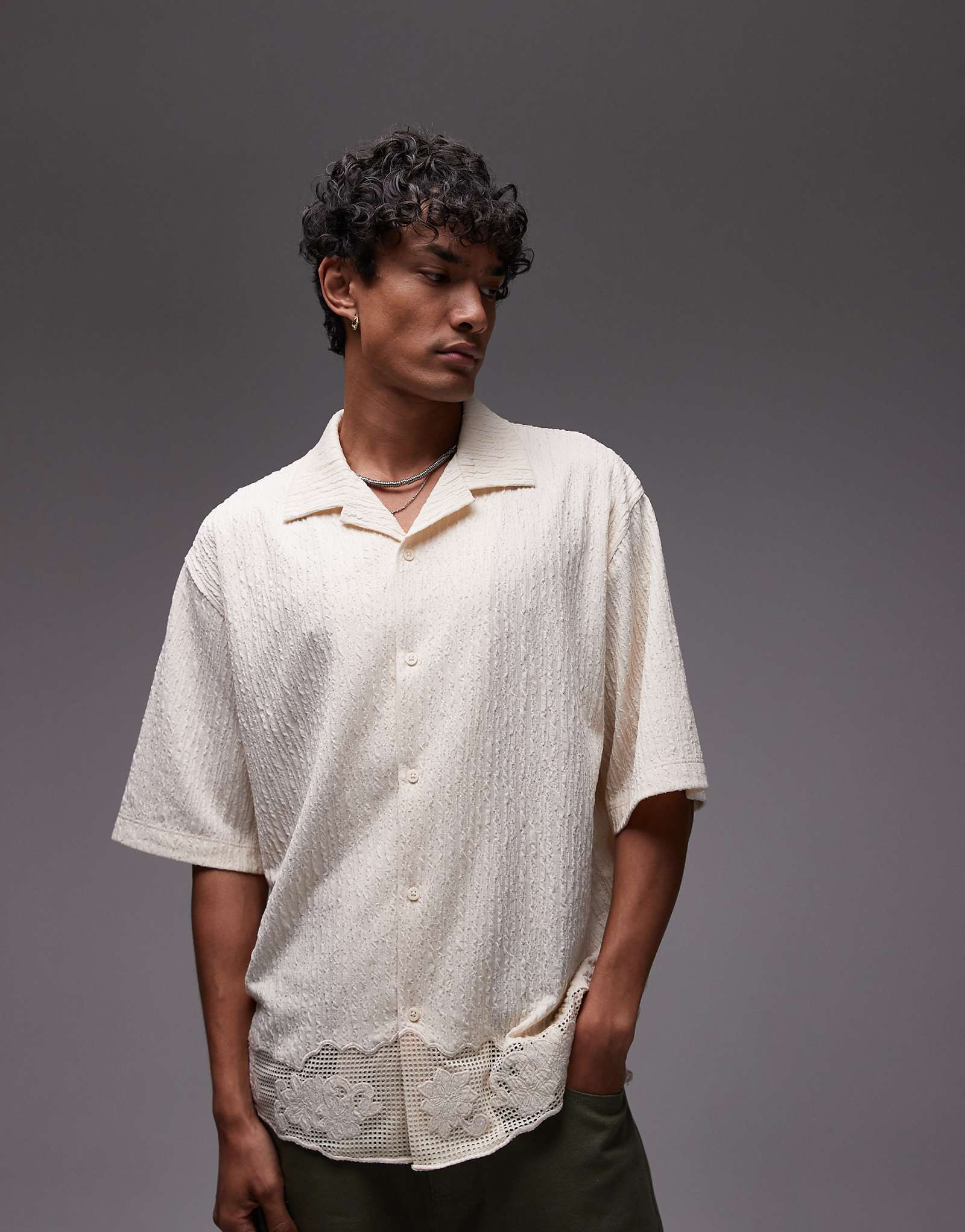 Topman oversized fit button up jersey shirt with lace trim in light stone
