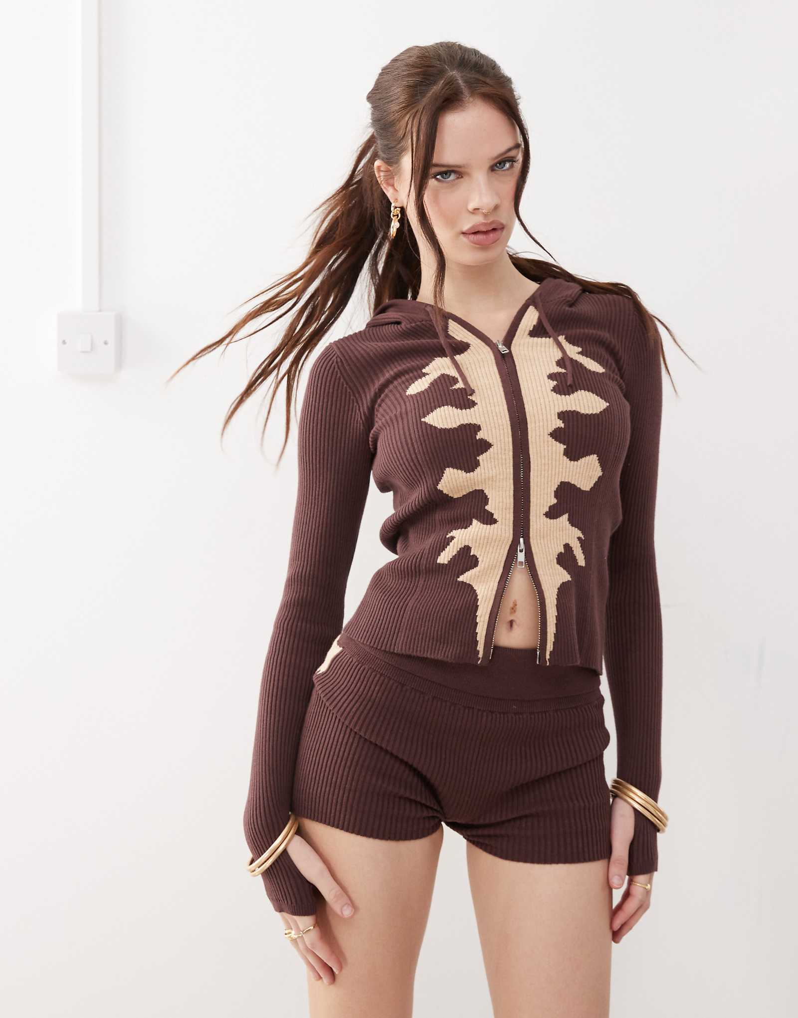 The Kript cow print knit micro mini shorts in brown - part of a set