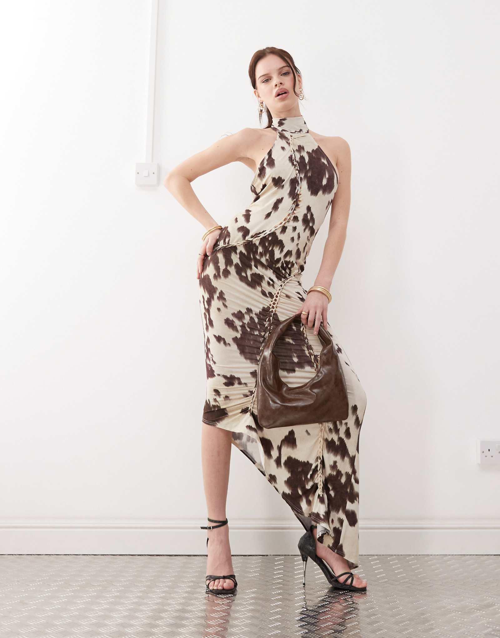 The Kript slinky high neck asymmetric maxi dress in cow print