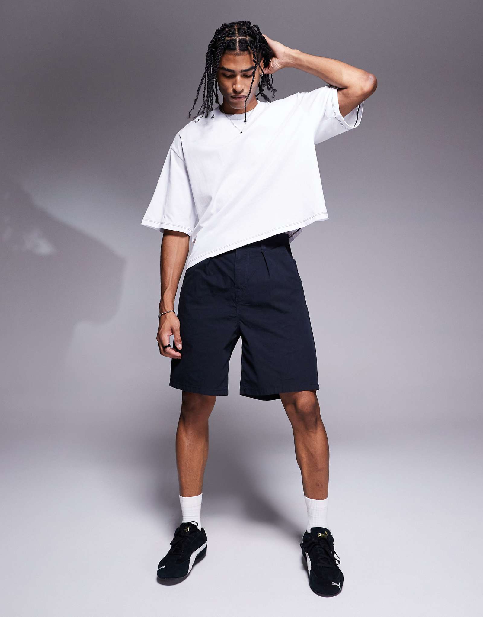 ASOS DESIGN mid length pleated jorts in navy 4090₽