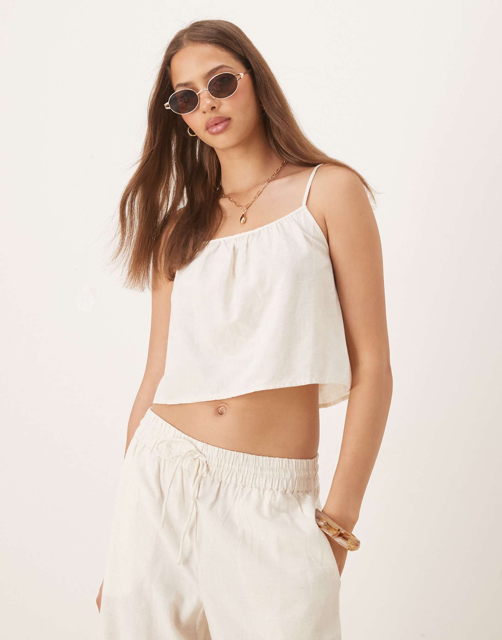 Vila linen blend cropped cami top in birch cream - part of a set
