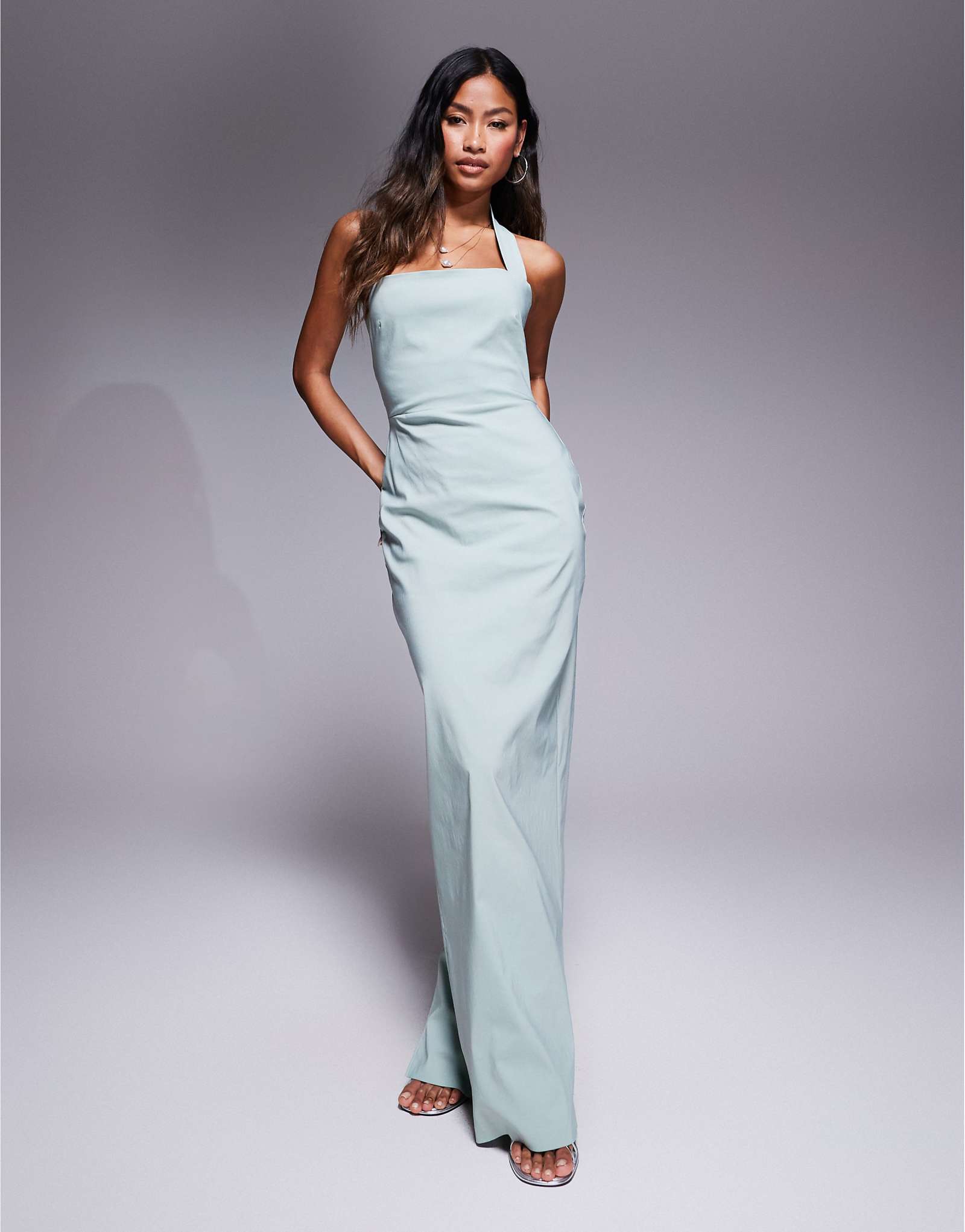 Vesper bengaline halterneck strap bodycon maxi dress in sage