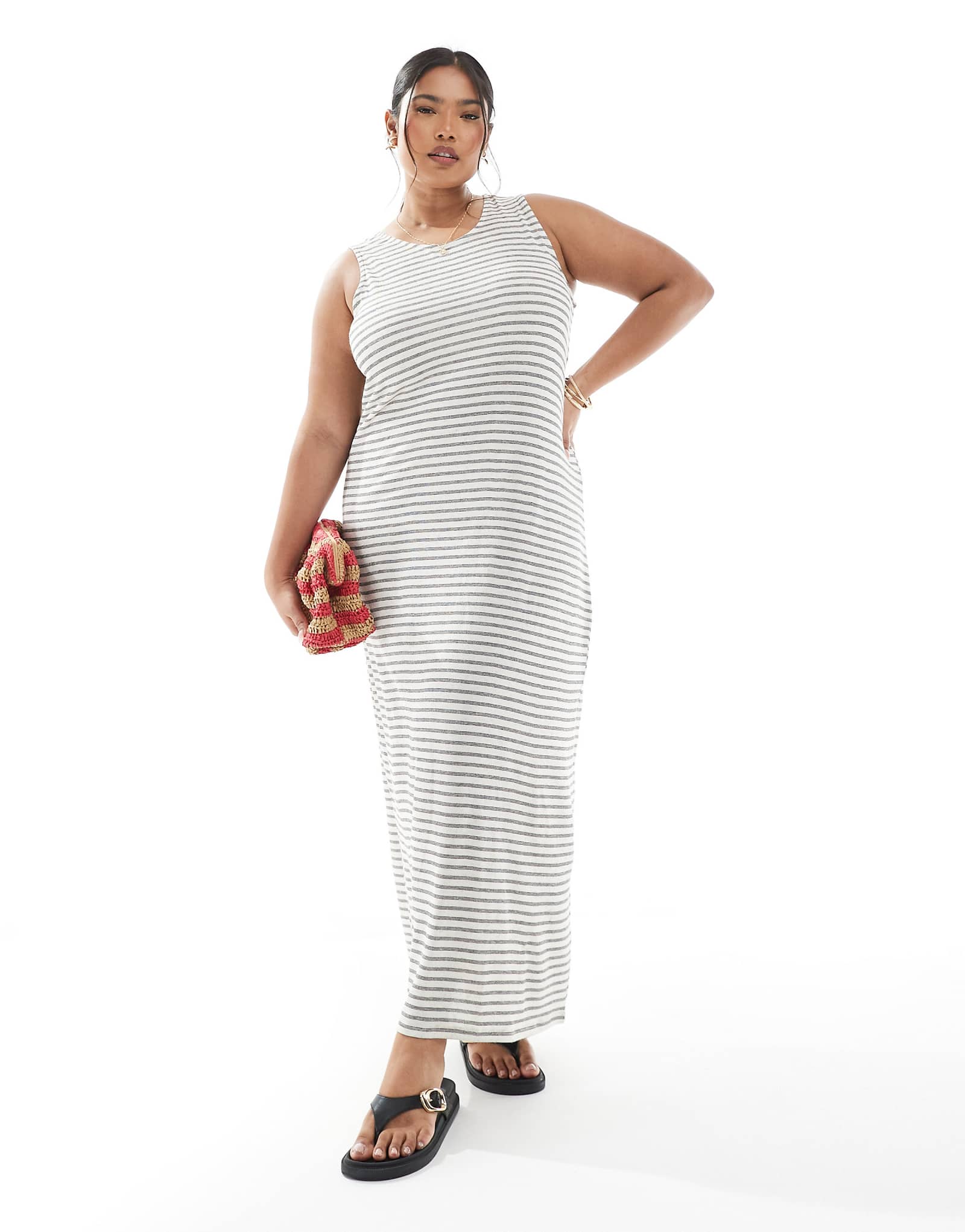 Vero Moda Curve slubby maxi tank dress in oatmeal and white stripes 7290₽