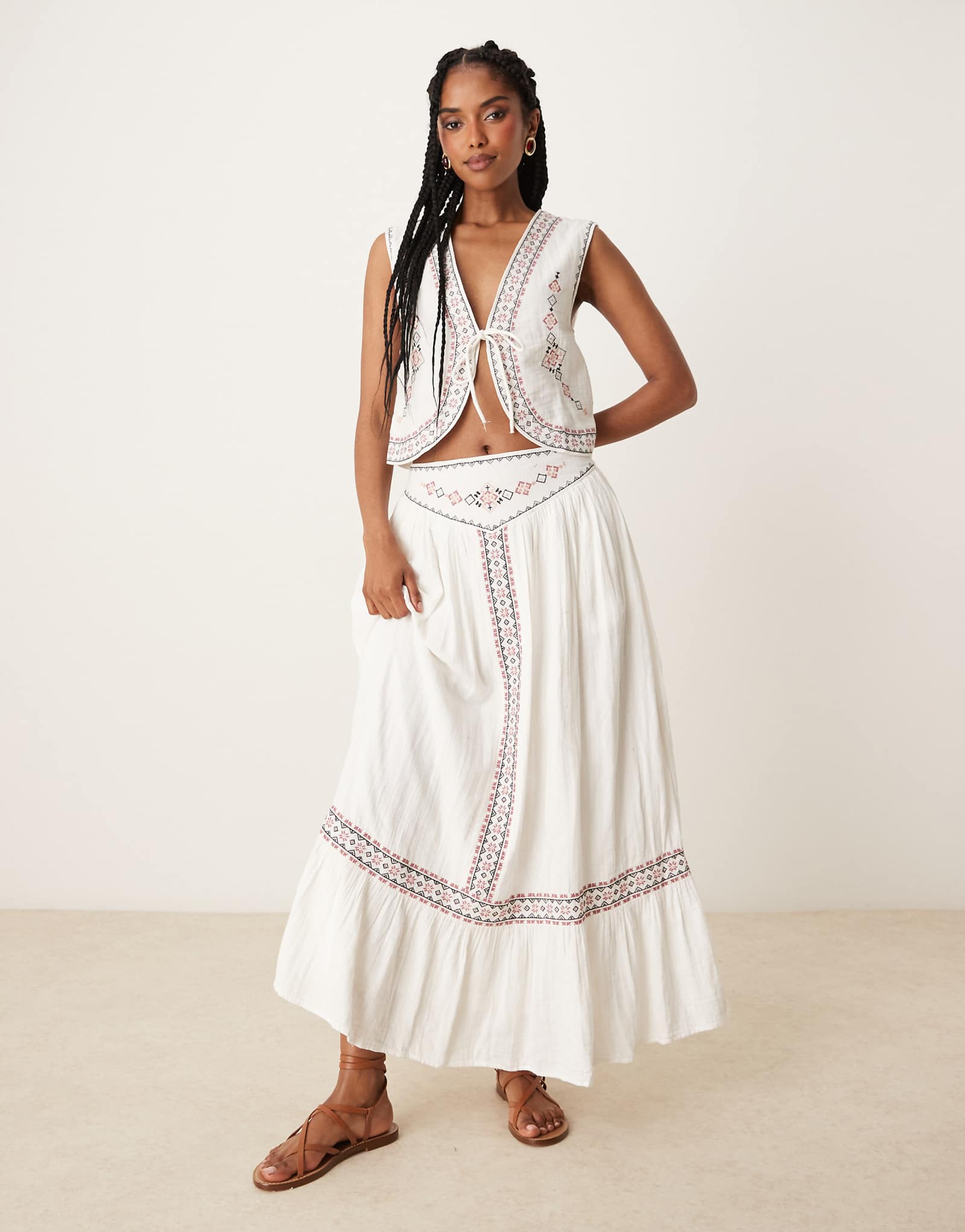 Threadbare cotton rich woven maxi skirt with embroidery in cream - part of a set 8690₽