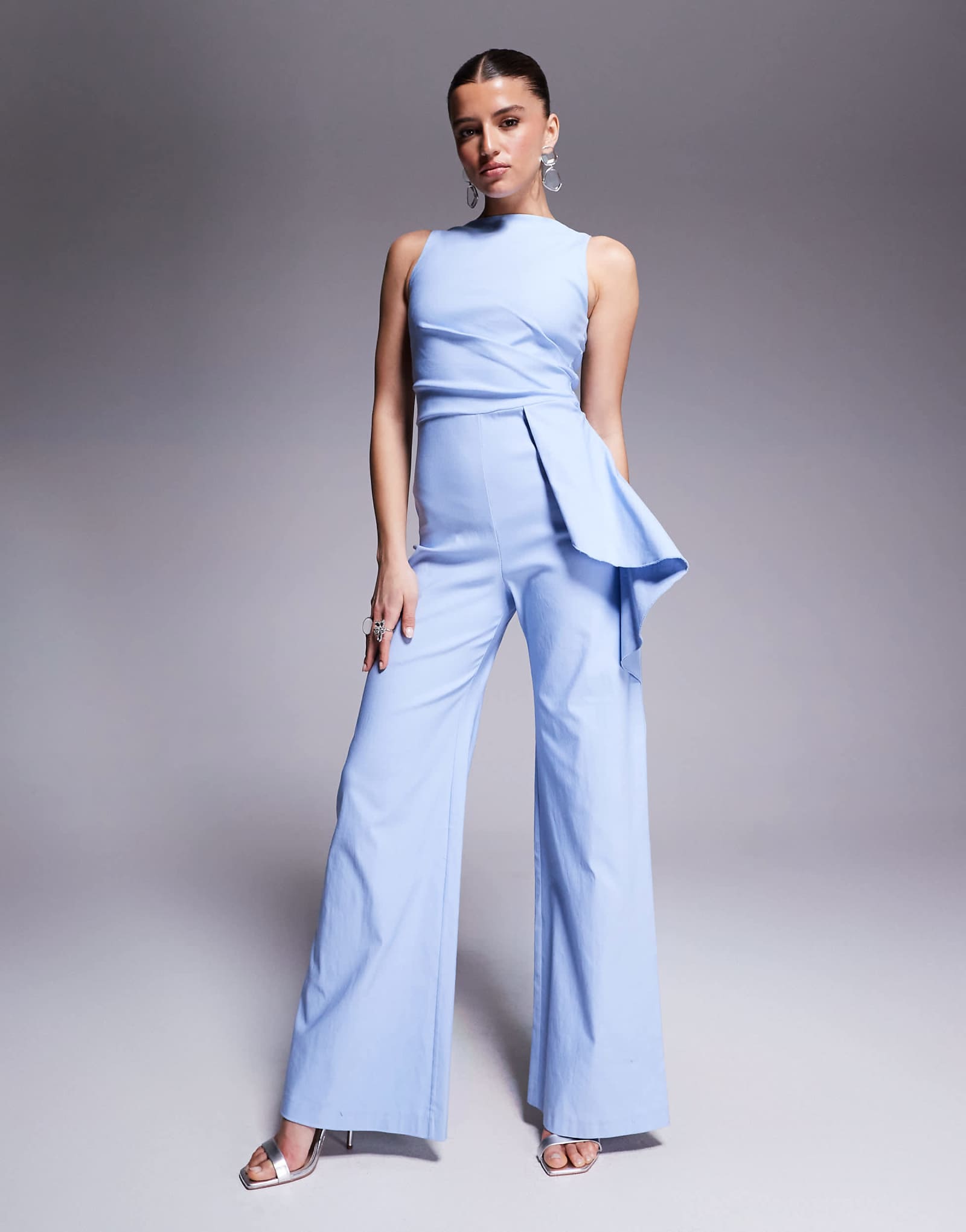 Vesper bengaline high neck drape side detail wide leg jumpsuit in baby blue