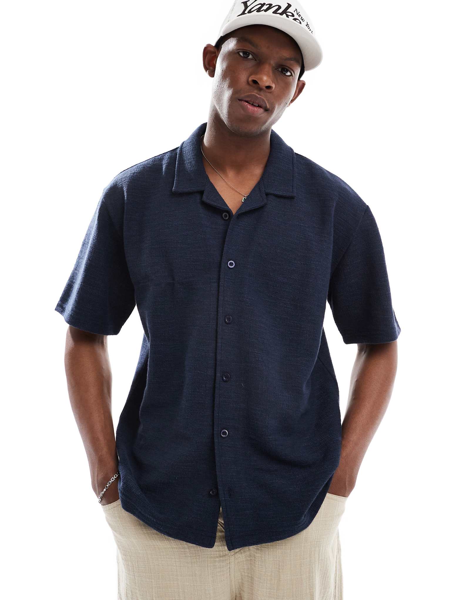 Threadbare short sleeve jersey textured shirt in navy 5090₽