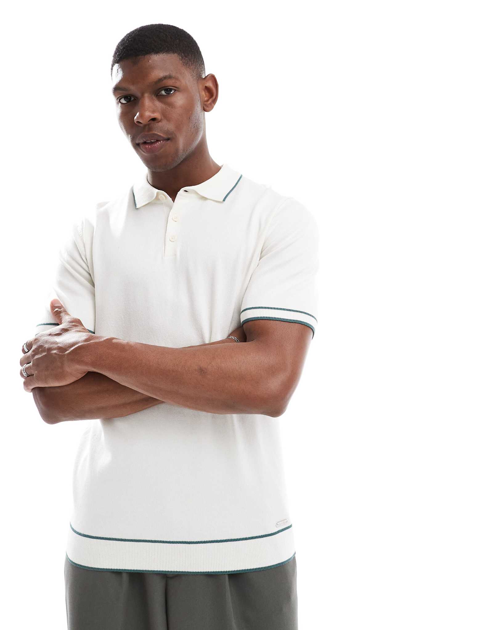 Threadbare short sleeve knit polo shirt in ecru and sage 4590₽