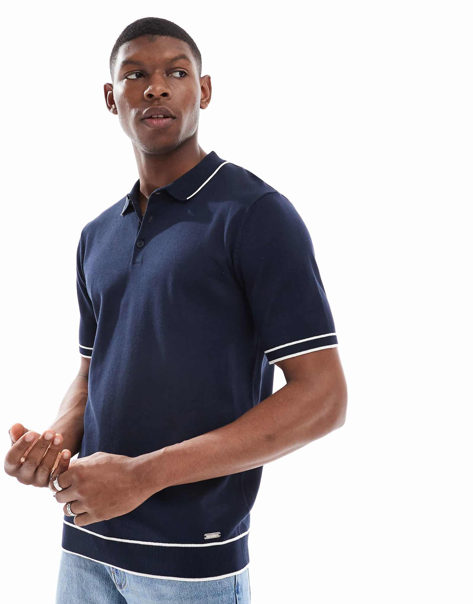 Threadbare short sleeve knit polo shirt in navy with white tipping 5190₽