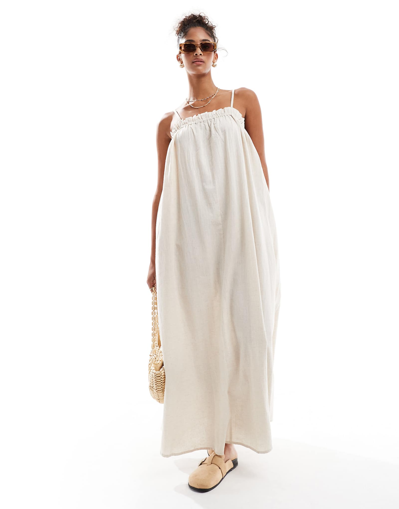 Wednesday's Girl strappy maxi smock dress in beige cotton