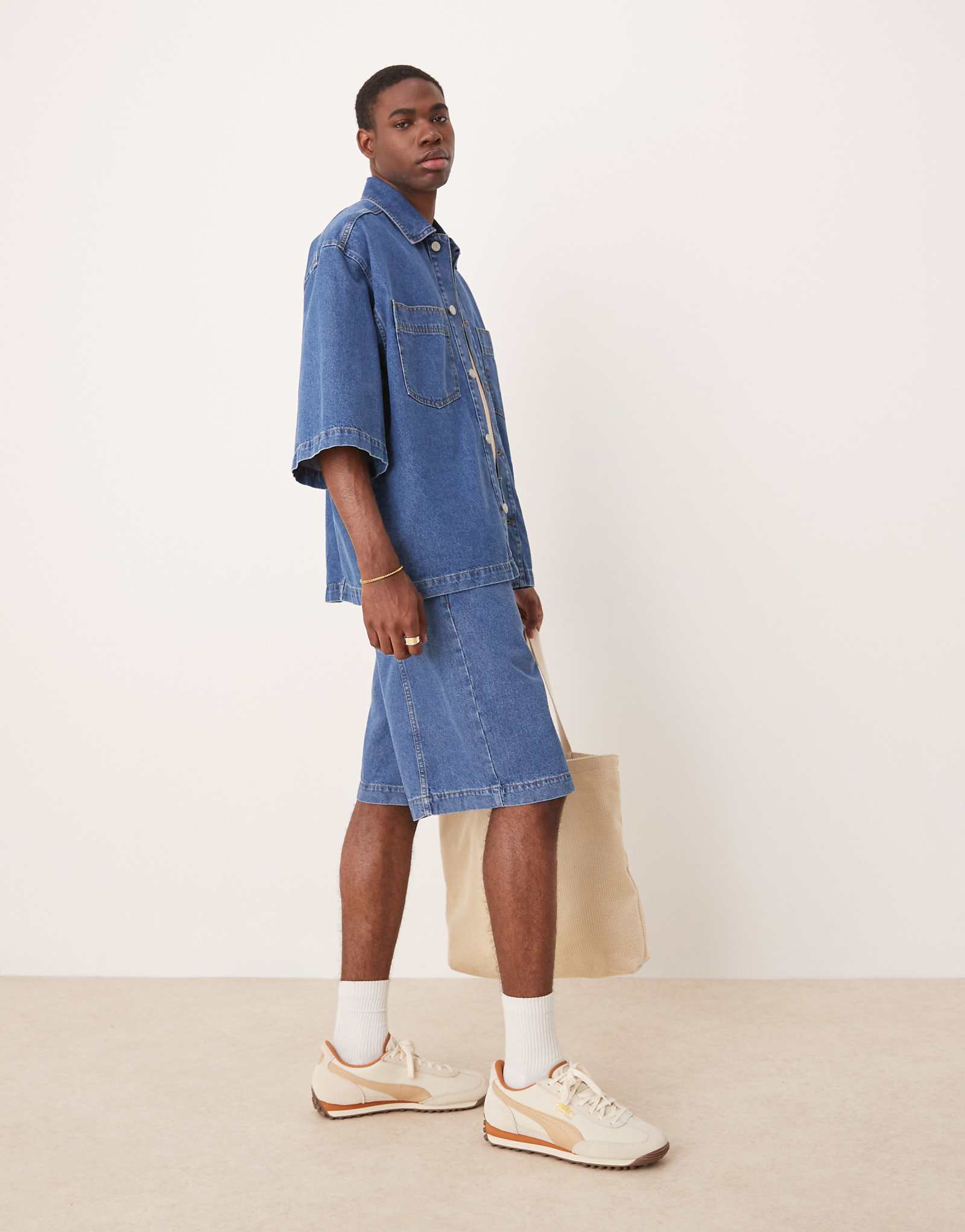 ASOS DESIGN long length denim jorts with seam detailing in mid wash blue - part of a set 7290₽