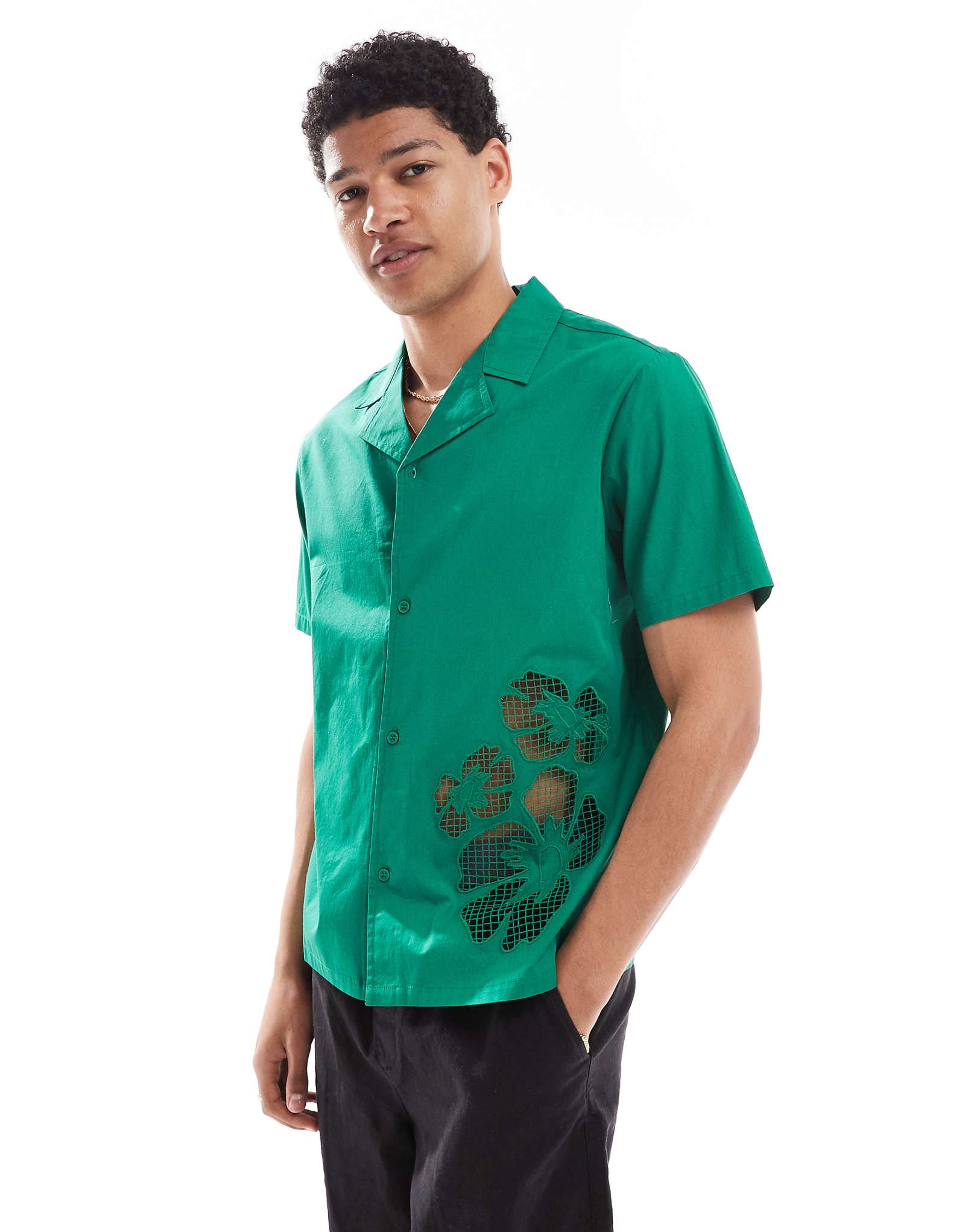 Native Youth revere collar cut-out detail shirt in forest green