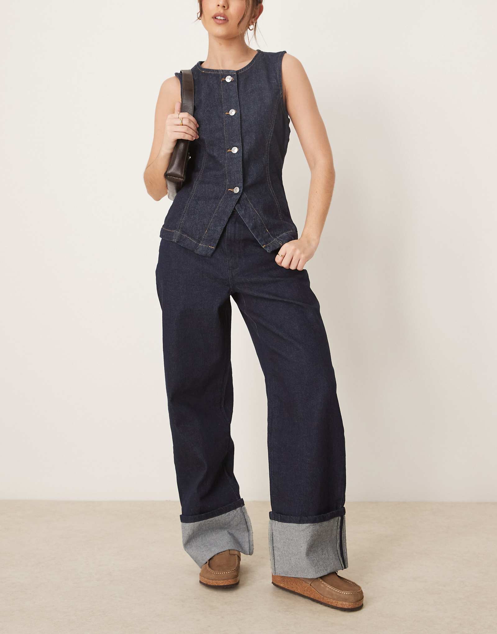 Neon Rose turn-up detail straight leg jeans in indigo