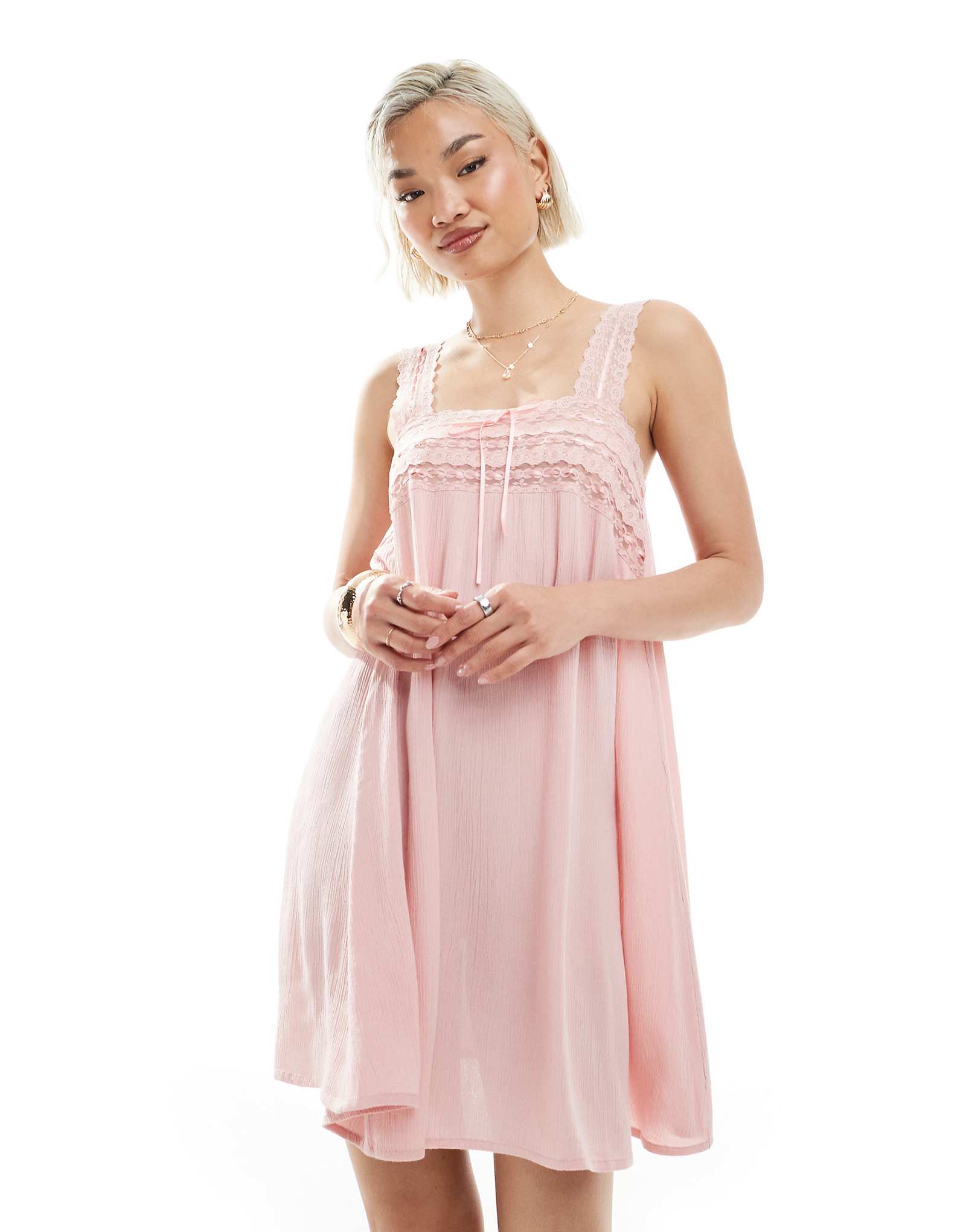Miss Selfridge lace trim cheesecloth mini dress in dusty pink 6790₽