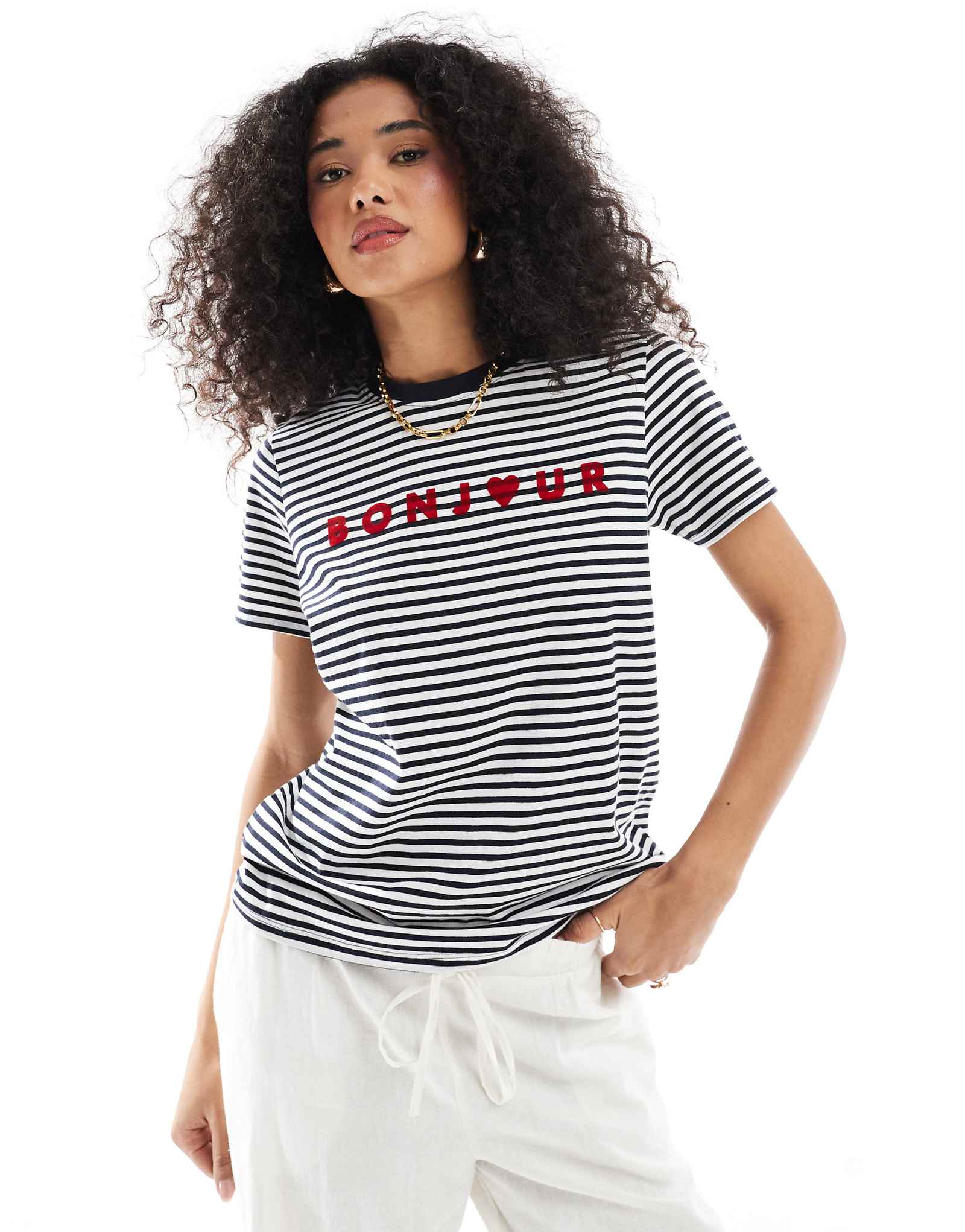 French Connection bonjour T-shirt in navy and white stripe 5090₽