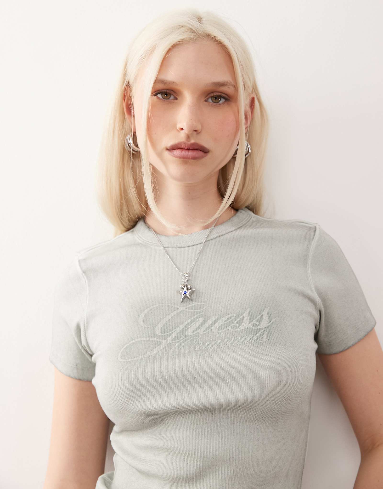 Guess Originals ribbed t-shirt in washed green with rhinestone logo embellishment