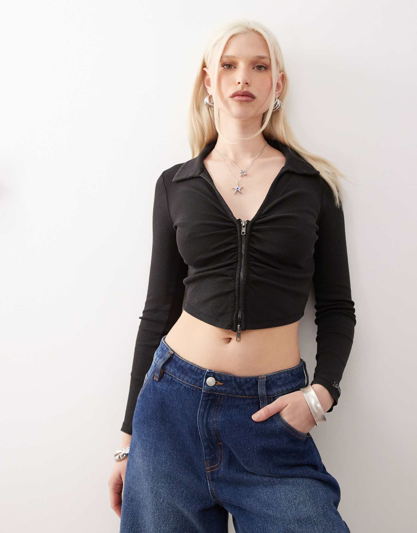 Guess Originals long sleeve ribbed sweater in charcoal