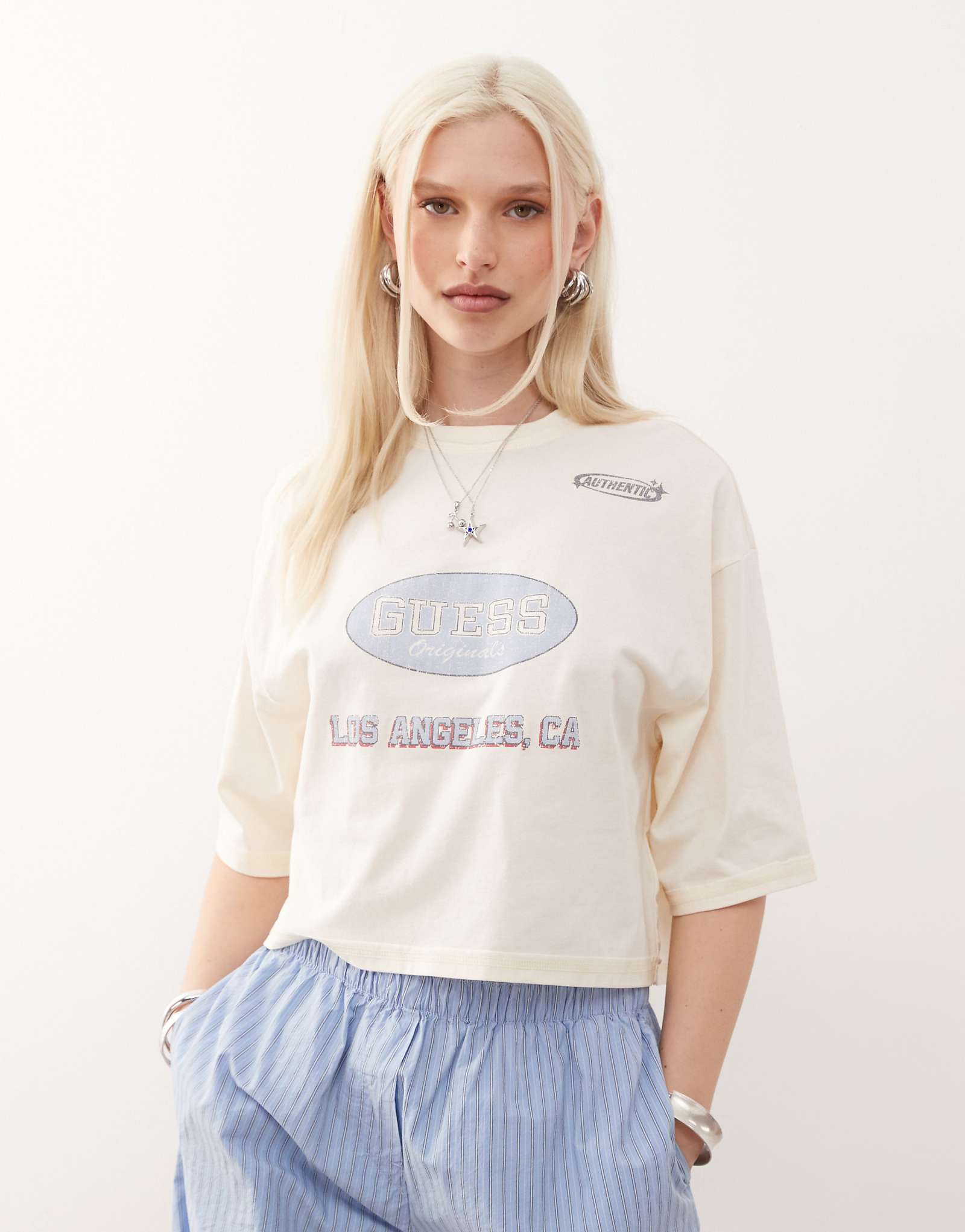 Guess Originals cropped raw edge baby t-shirt in off white