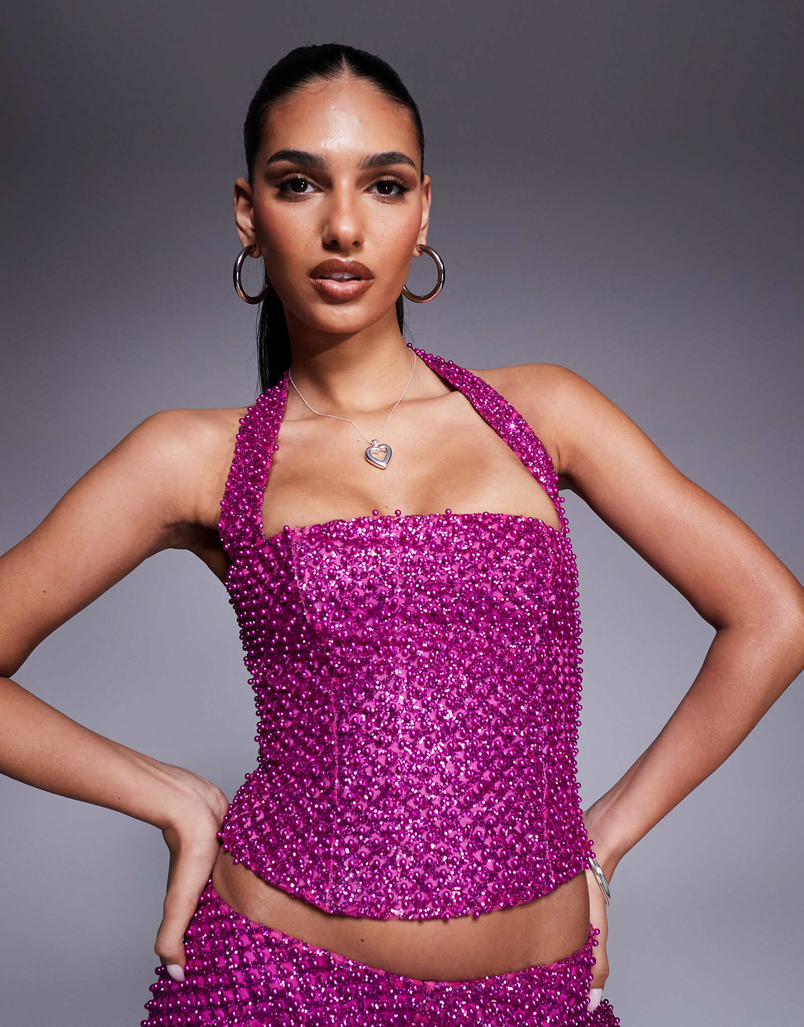 Oh Polly halterneck embellished top in magenta - part of a set
