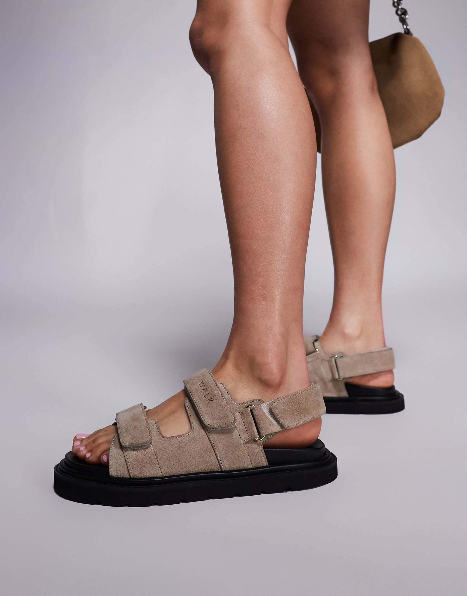 Walk London Budapest velcro sandals in stone suede