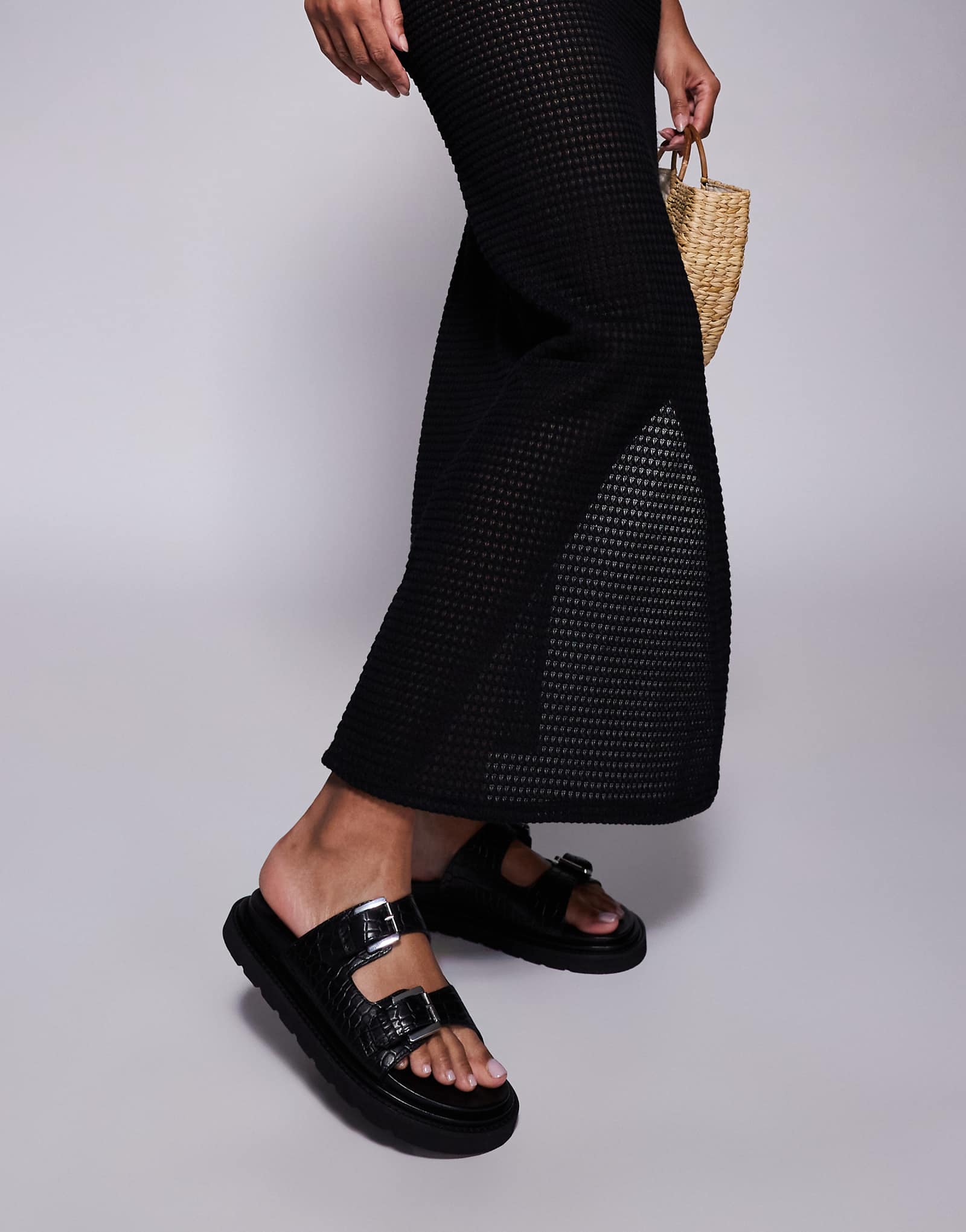 Walk London Budapest double strap sandals in black embossed leather 14690₽
