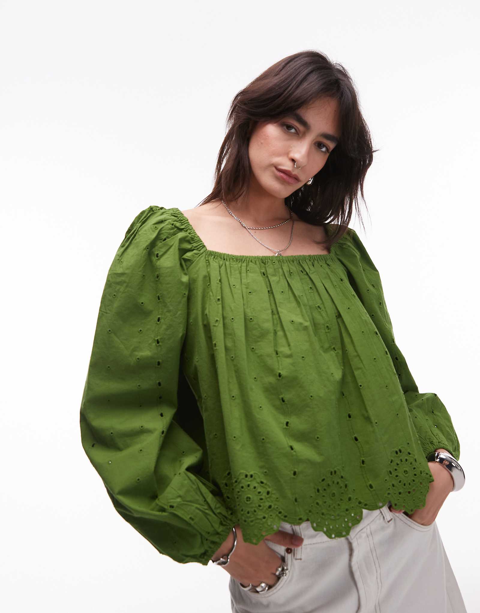 Topshop cutwork long sleeve top in green 6890₽
