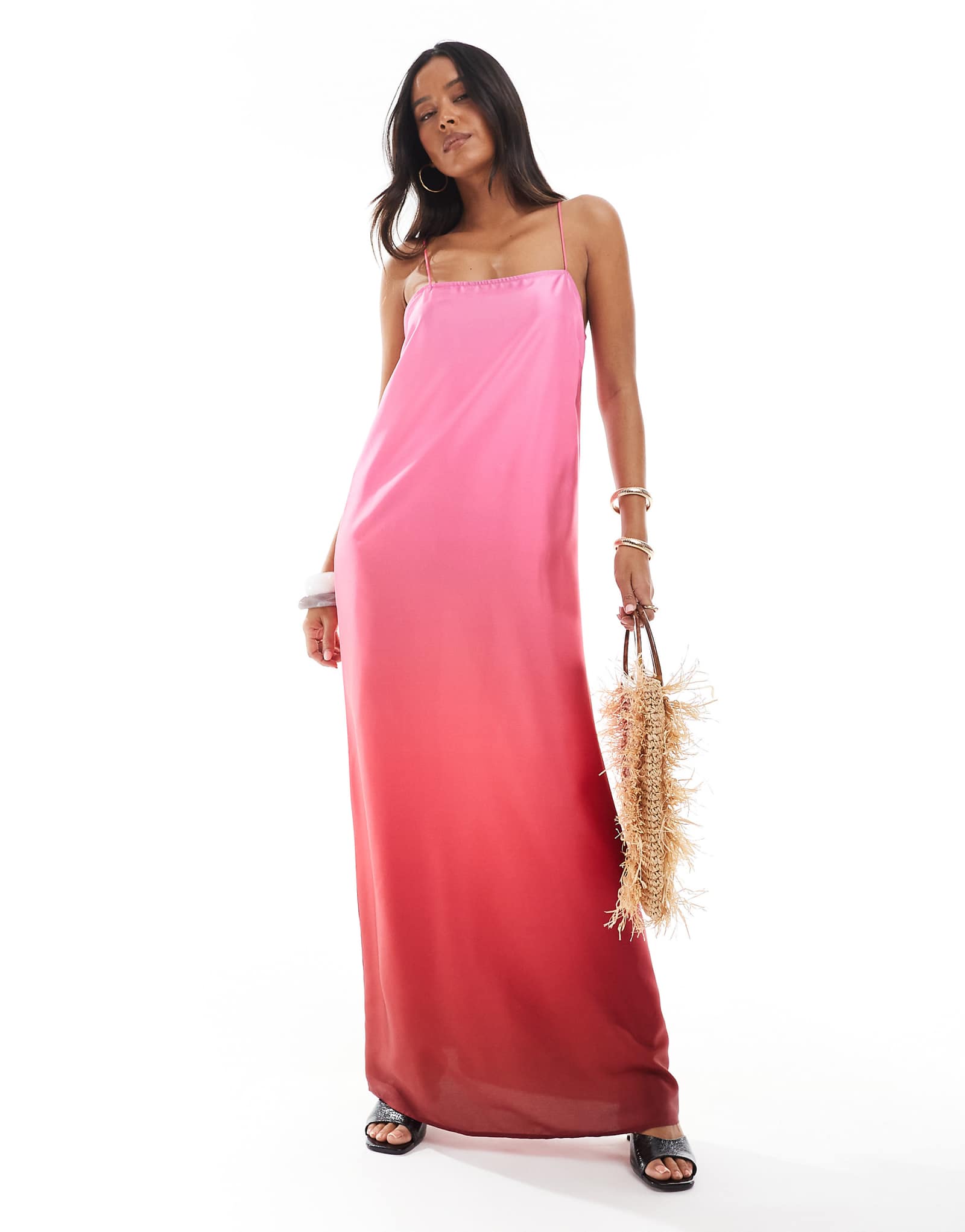 Vero Moda square neck cami satin maxi slip dress in pink - red ombre 15390₽