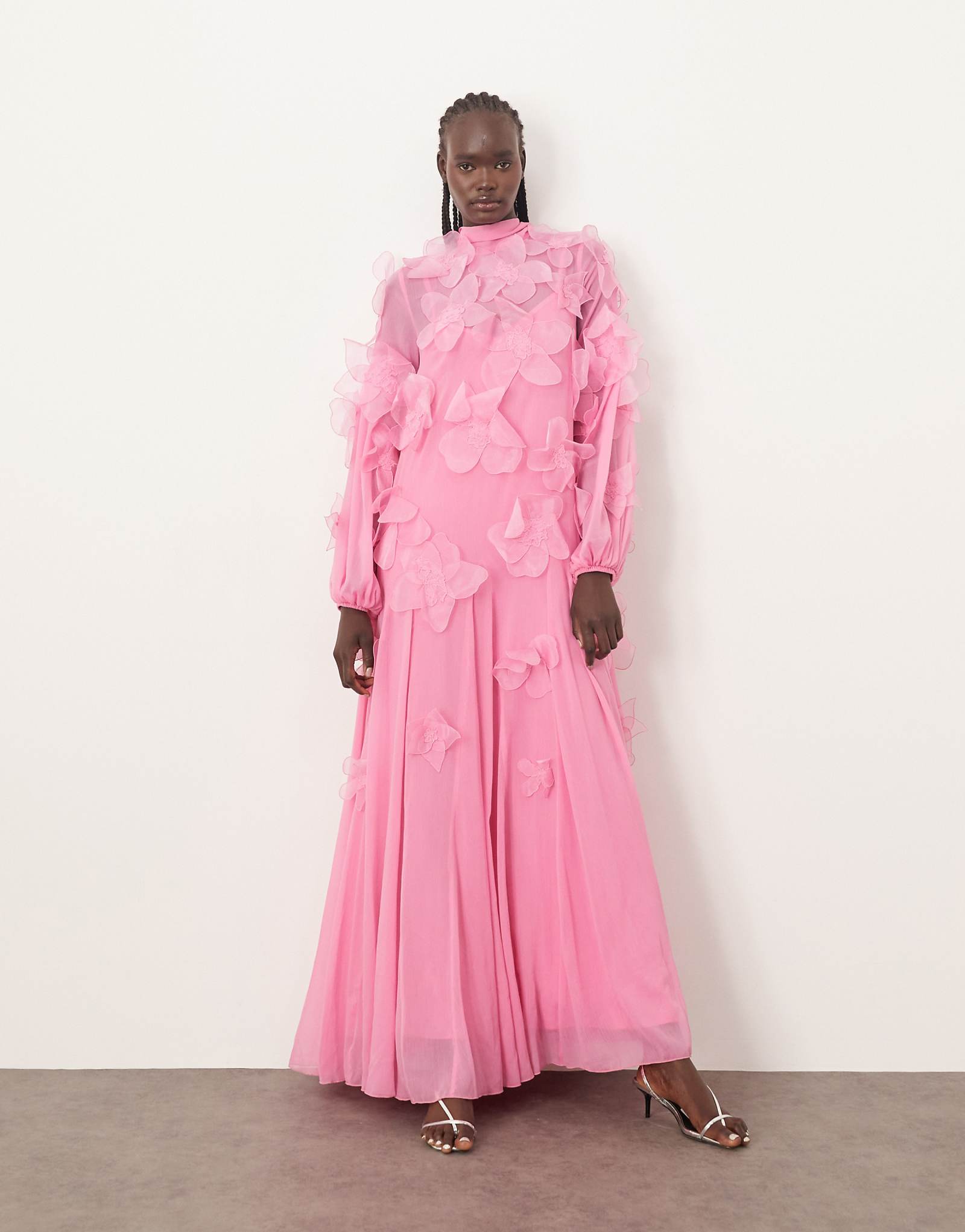 ARRANGE applique all-over floral tie neck trapeze maxi dress in pink 41190₽