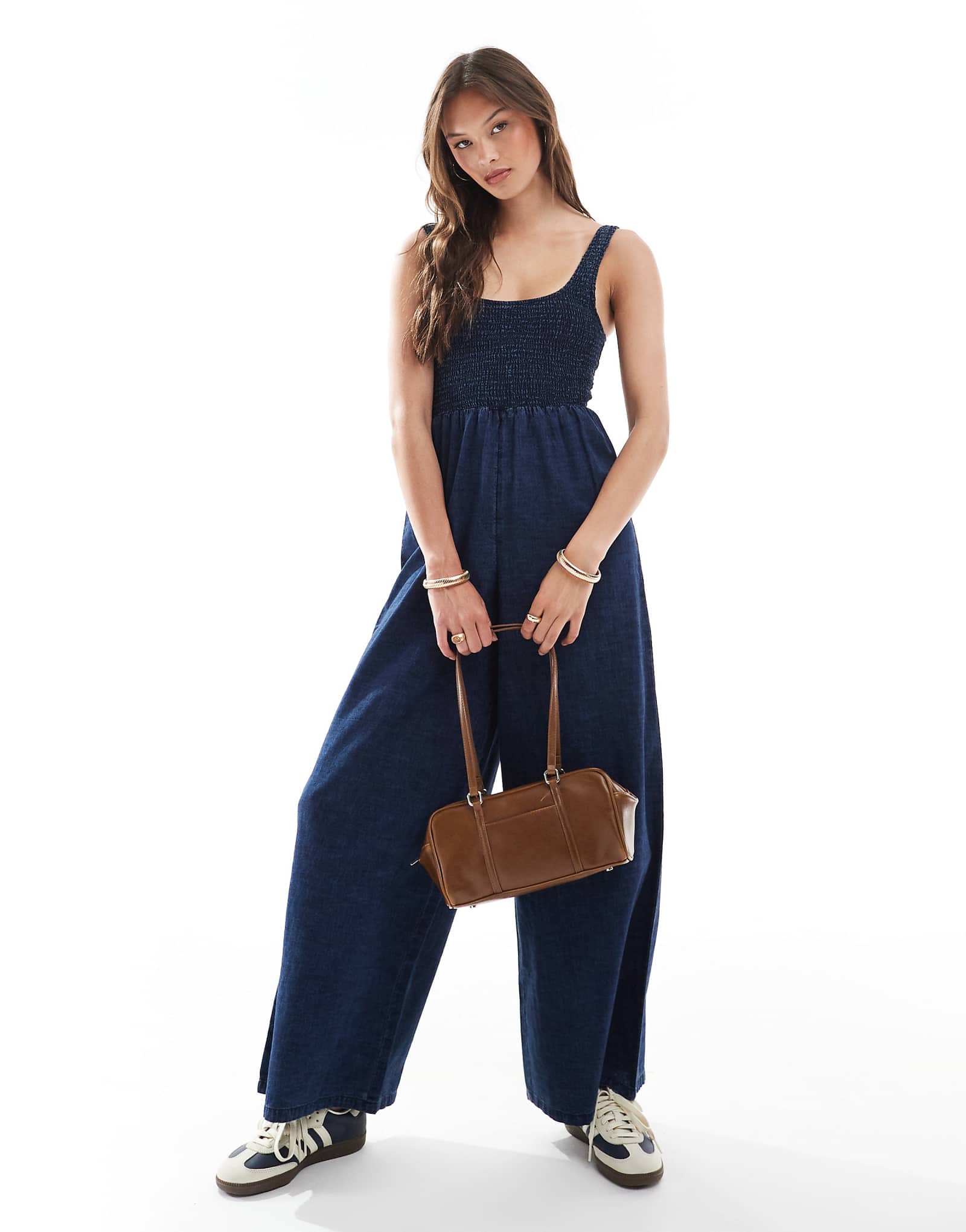 ASOS DESIGN soft denim wide leg jumpsuit with shirred bodice in inky wash 7690₽