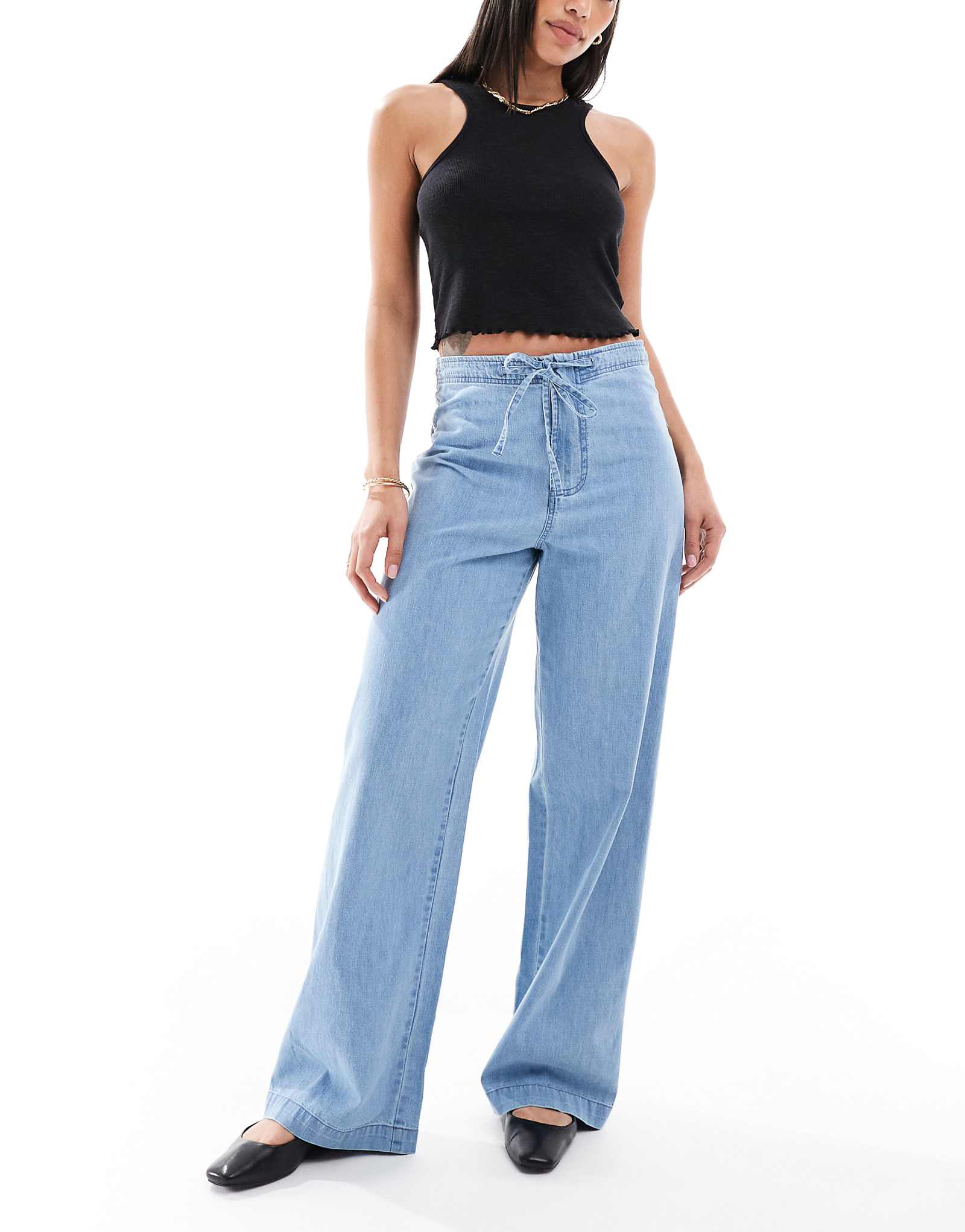 ASOS DESIGN soft wide leg jeans with tie waist in mid blue 5290₽