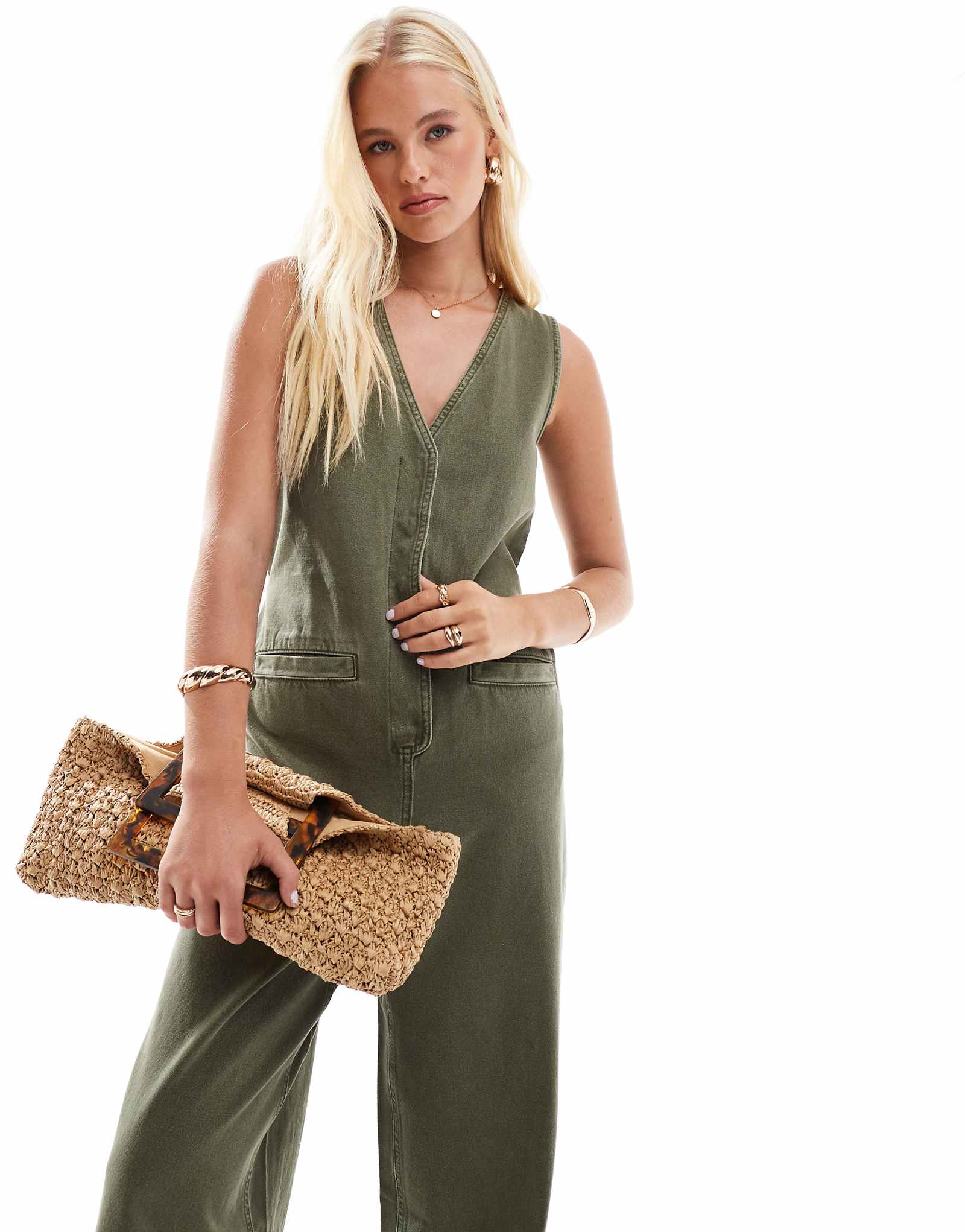 ASOS DESIGN denim sleeveless loose jumpsuit in khaki green wash 9990₽