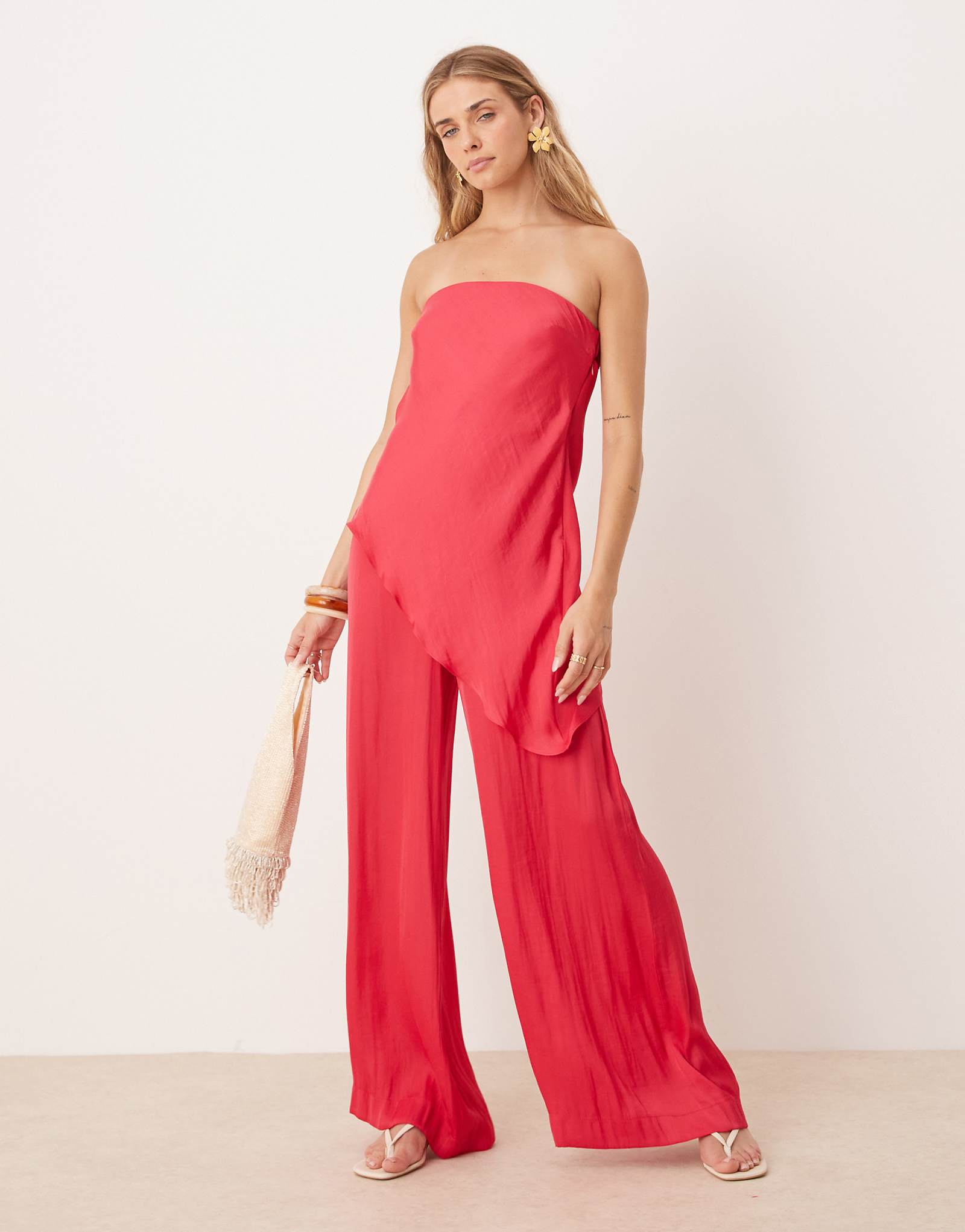 ASOS DESIGN satin asymmetric overlay detail bandeau jumpsuit in raspberry pink 8990₽