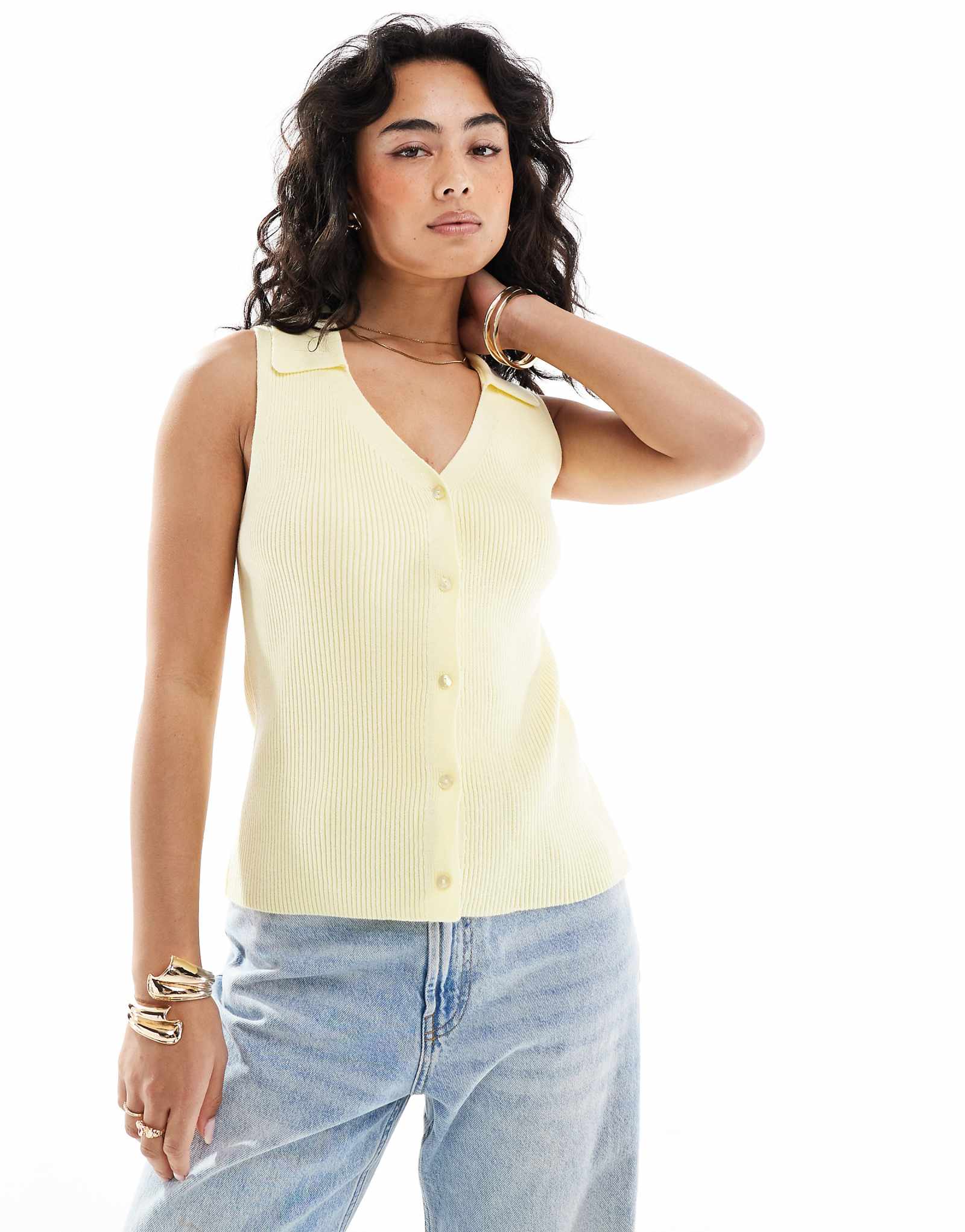 ASOS DESIGN collared rib knit top in yellow 2990₽