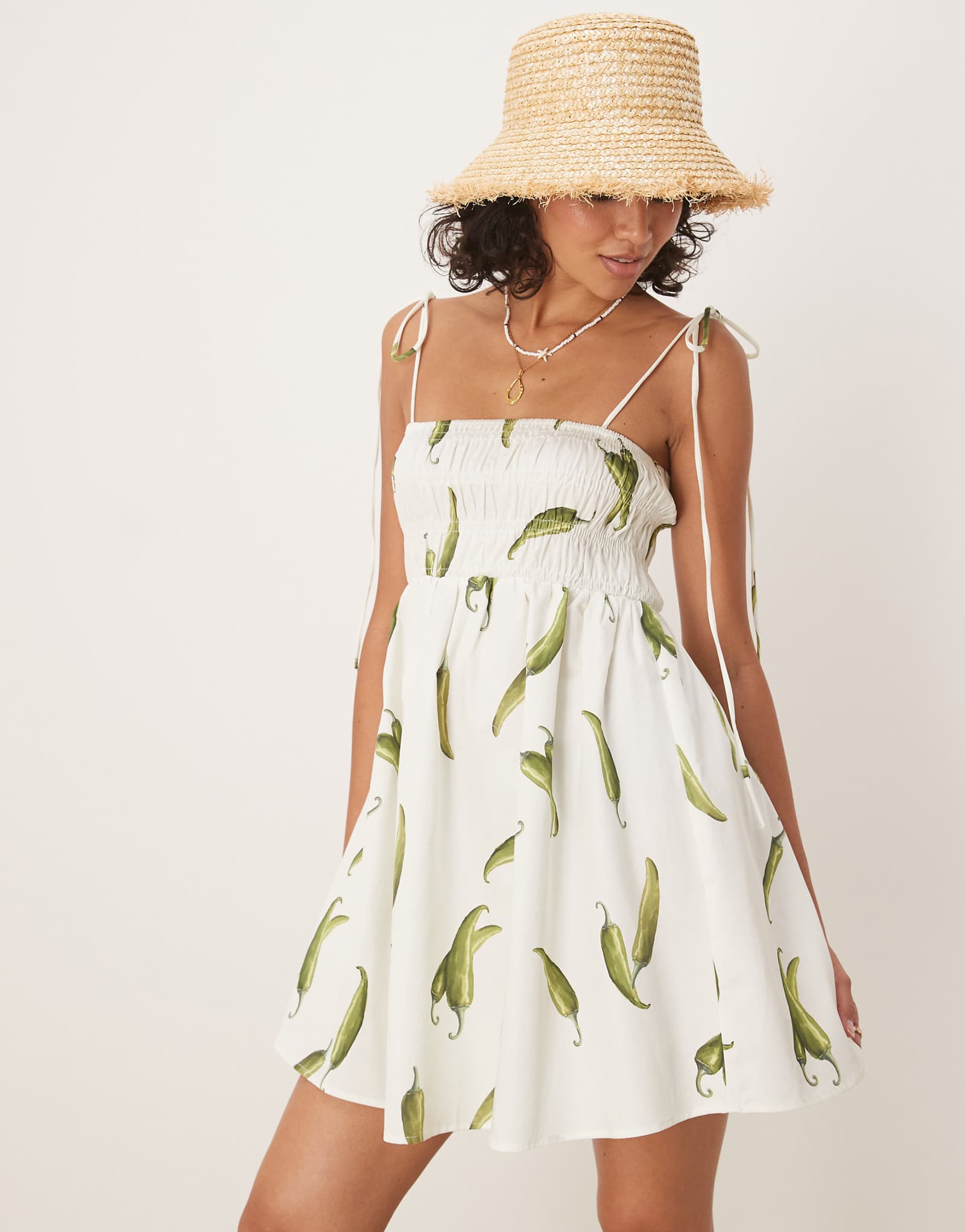 ASOS DESIGN shirred bust cotton poplin mini dress in green chile print 8790₽